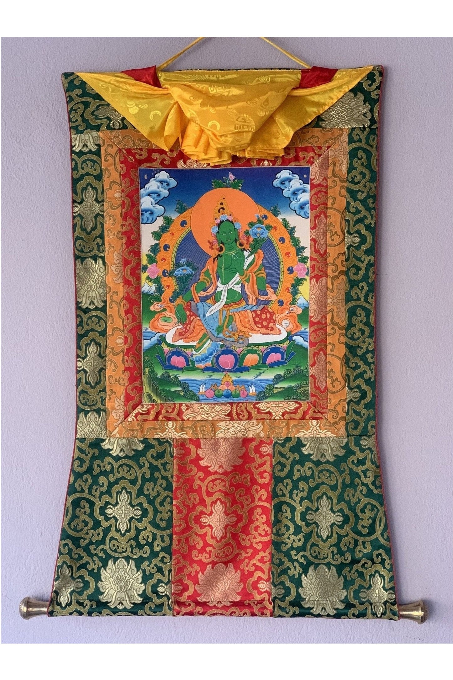 Green Tara/ Shyamatara Mother Goddess Tibetan Thangka Original Hand Painting with Silk Brocade - Tibetan Thangka Art