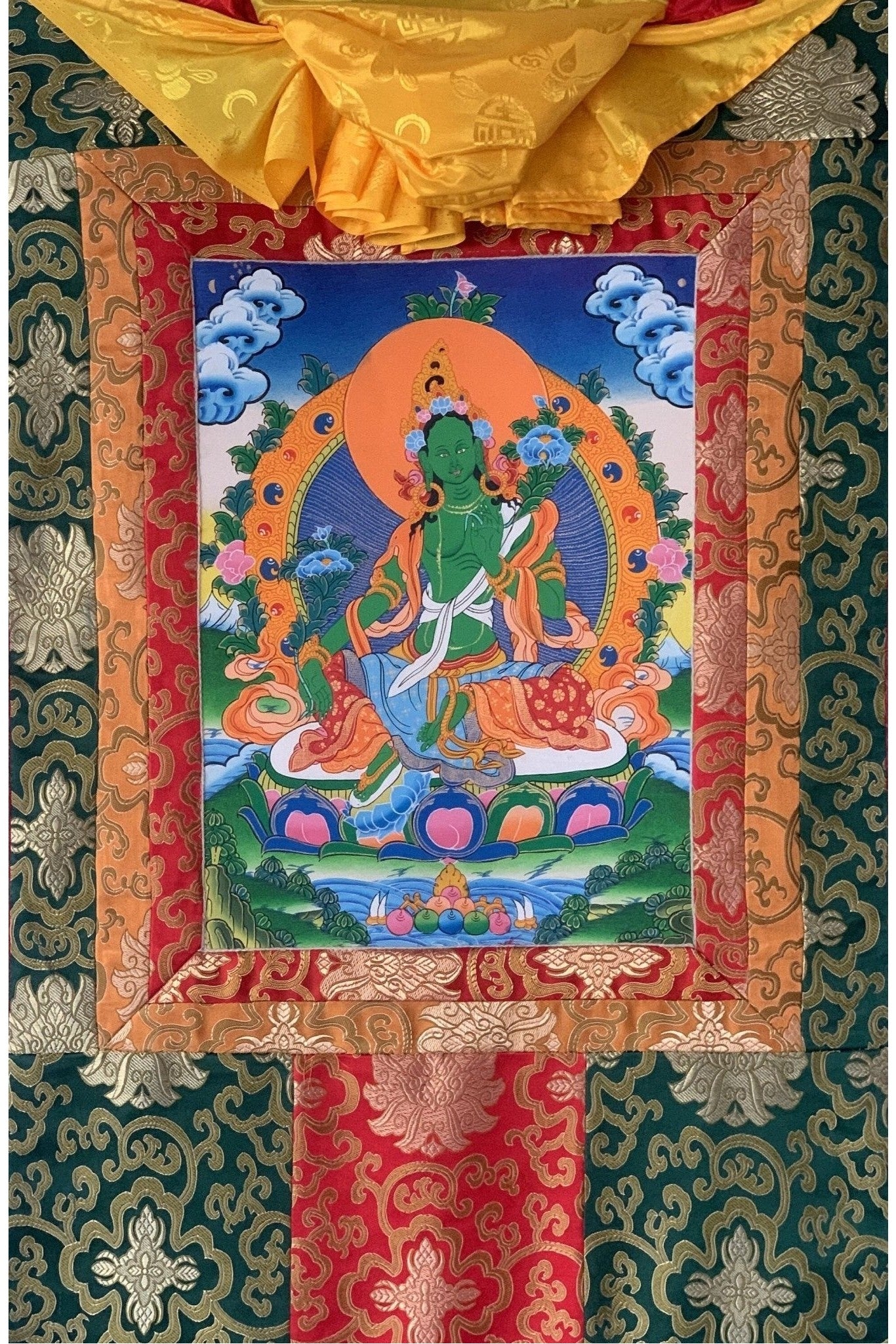 Green Tara/ Shyamatara Mother Goddess Tibetan Thangka Original Hand Painting with Silk Brocade - Tibetan Thangka Art