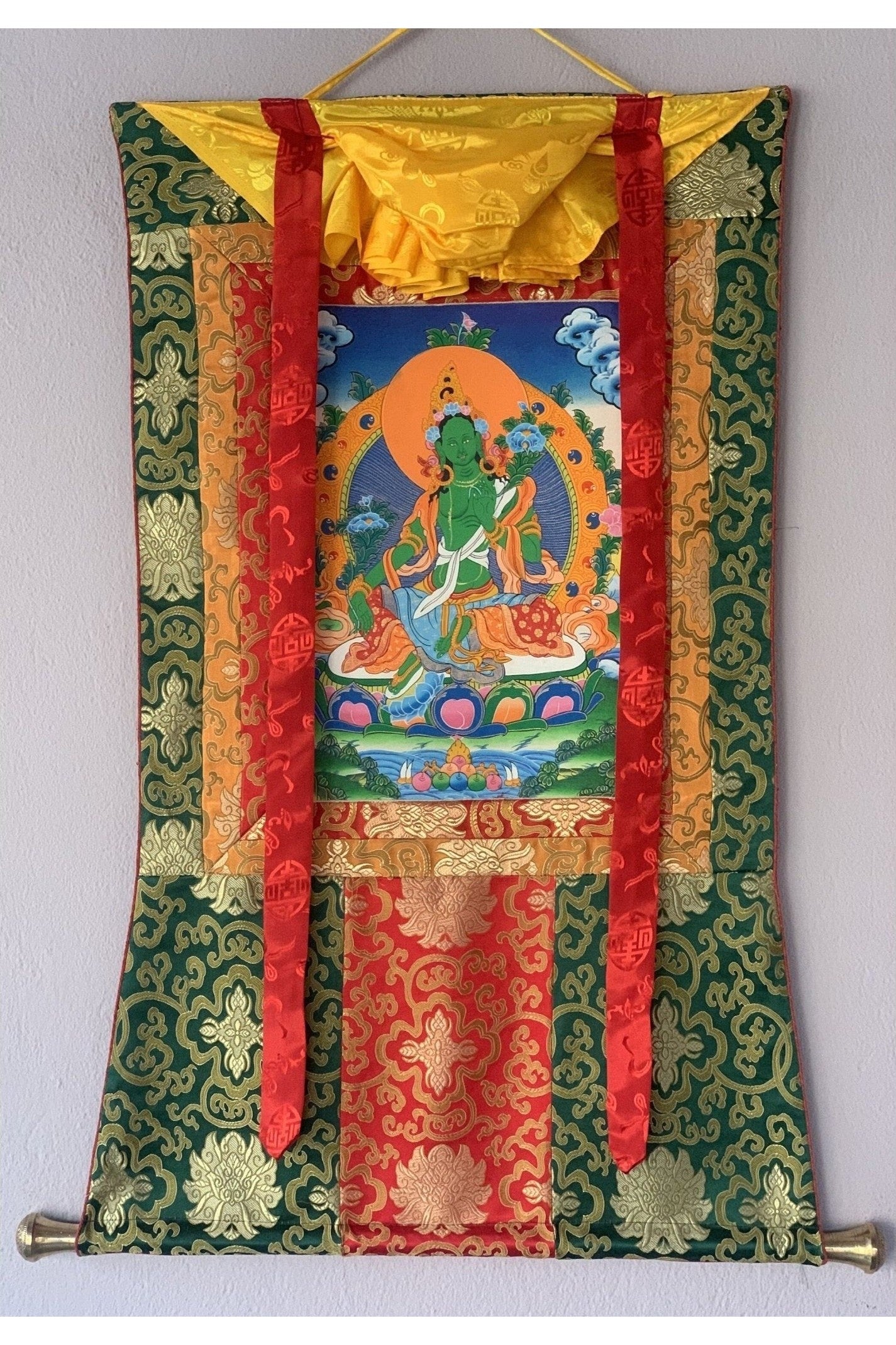 Green Tara/ Shyamatara Mother Goddess Tibetan Thangka Original Hand Painting with Silk Brocade - Tibetan Thangka Art