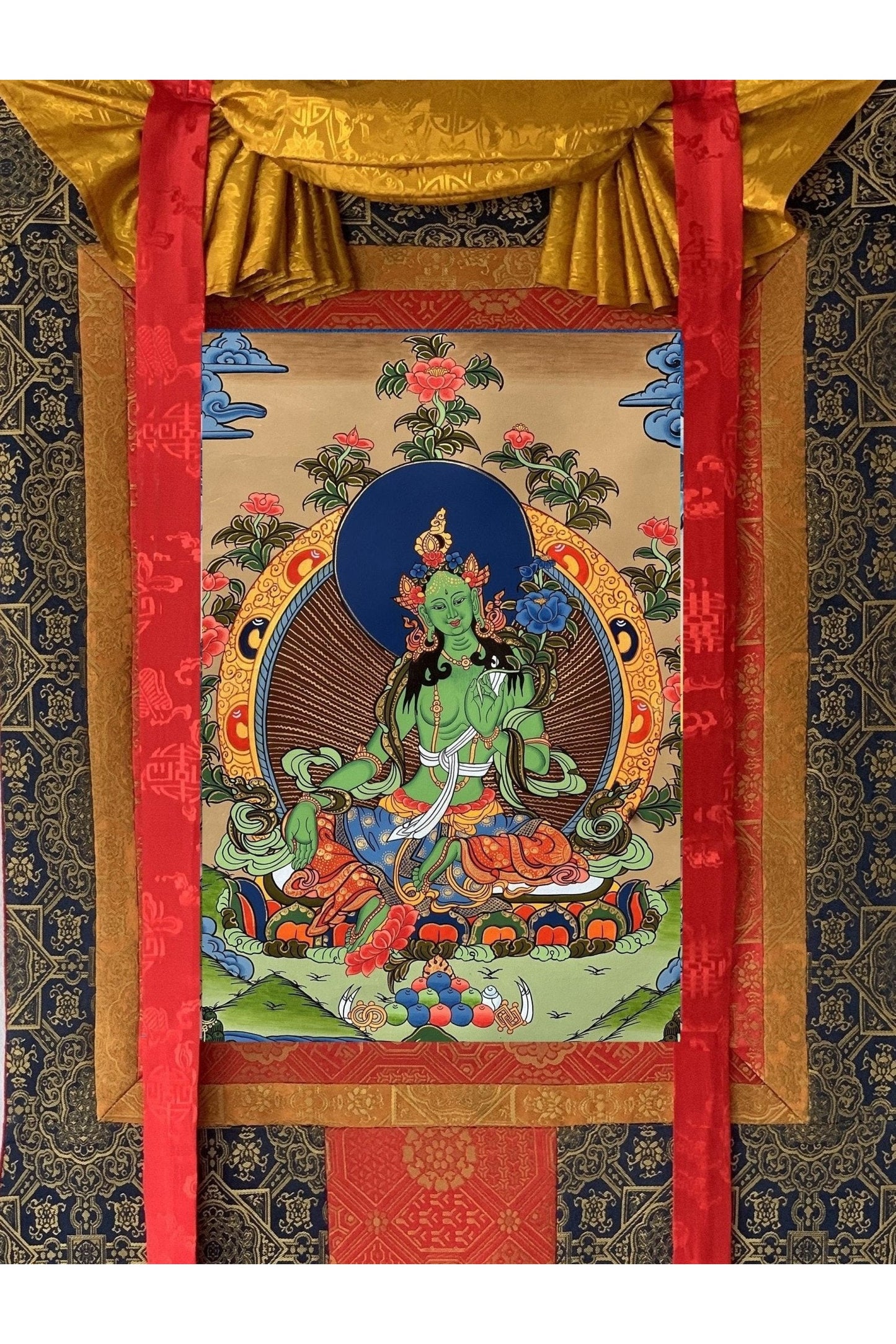 Green Tara/ Shyamatara Mother Goddess Tibetan Thangka Painting Original Hand Painted Meditation Healing Art with Premium Silk Brocade - Tibetan Thangka Art