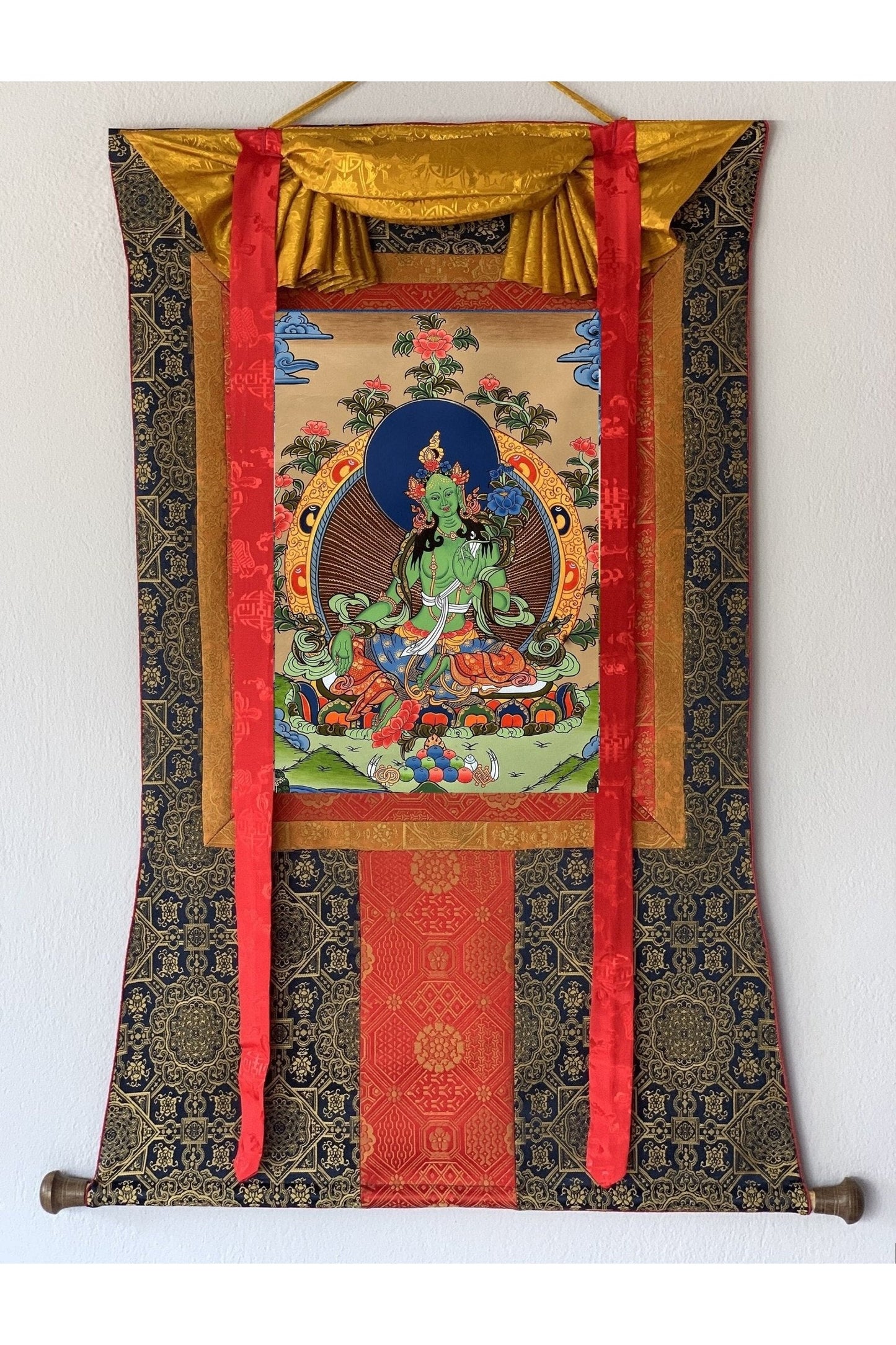 Green Tara/ Shyamatara Mother Goddess Tibetan Thangka Painting Original Hand Painted Meditation Healing Art with Premium Silk Brocade - Tibetan Thangka Art