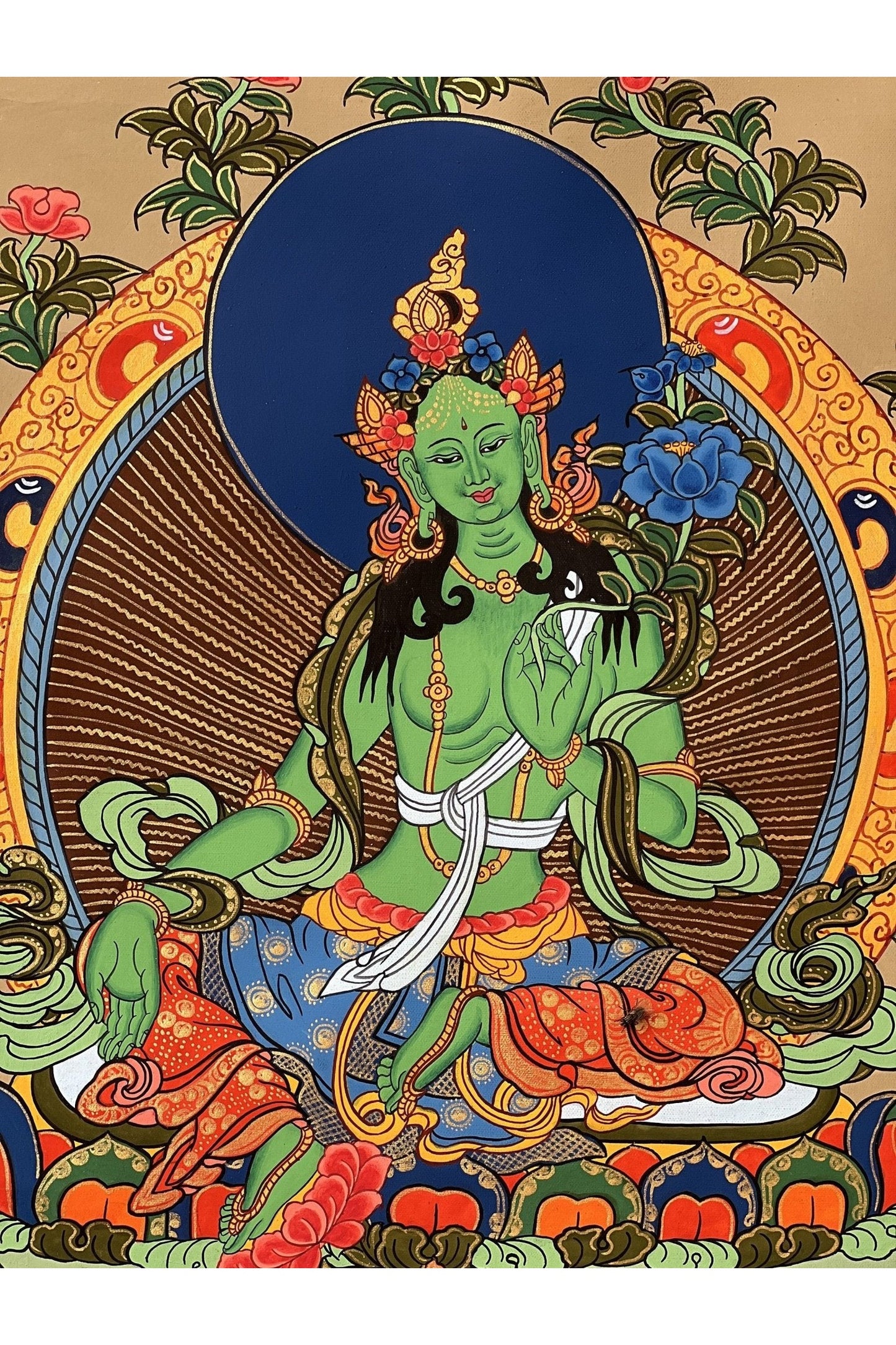 Green Tara/ Shyamatara Mother Goddess Tibetan Thangka Painting Original Hand Painted Meditation Healing Art with Premium Silk Brocade - Tibetan Thangka Art