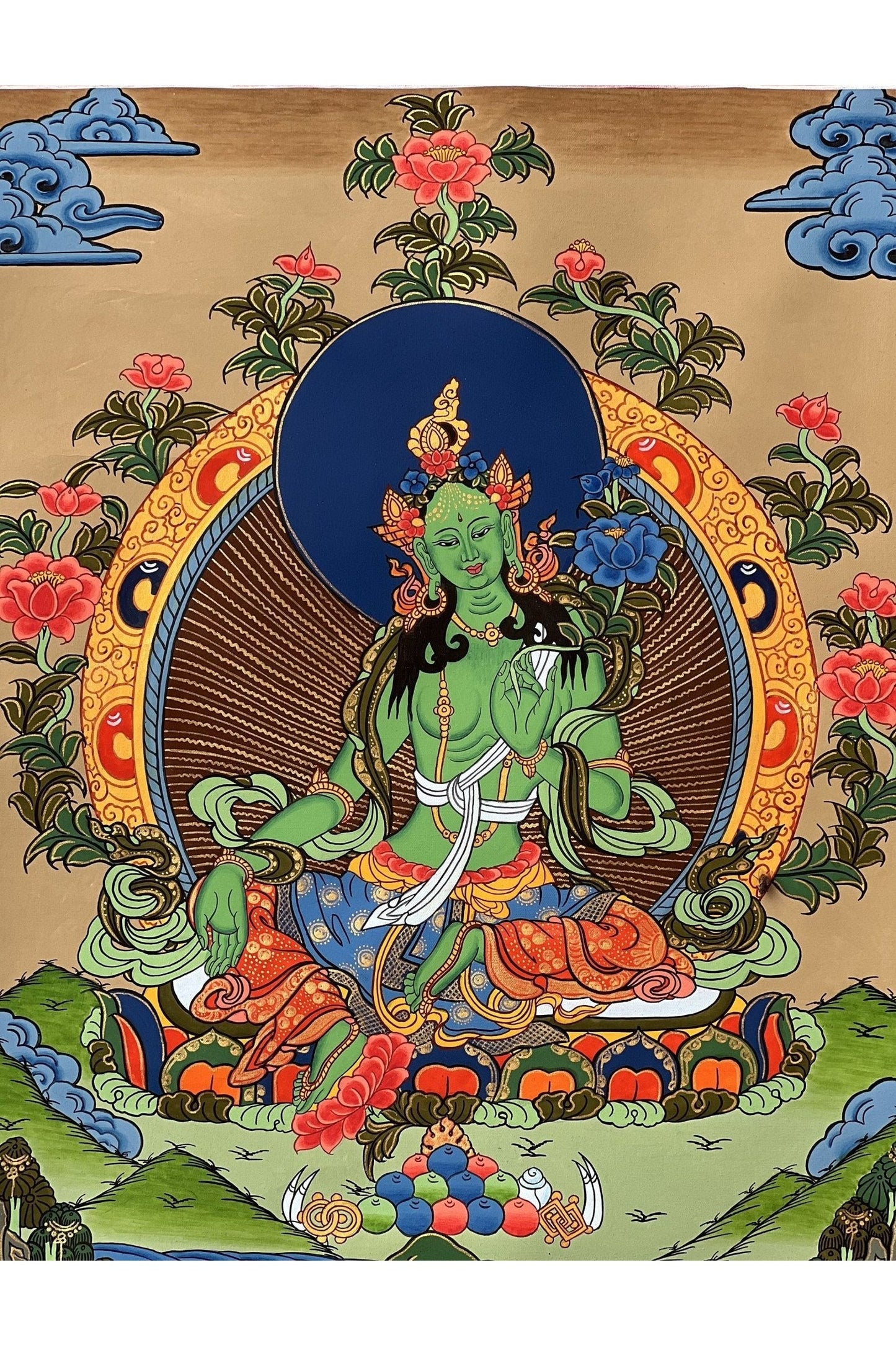 Green Tara/ Shyamatara Mother Goddess Tibetan Thangka Painting Original Hand Painted Meditation Healing Art with Premium Silk Brocade - Tibetan Thangka Art