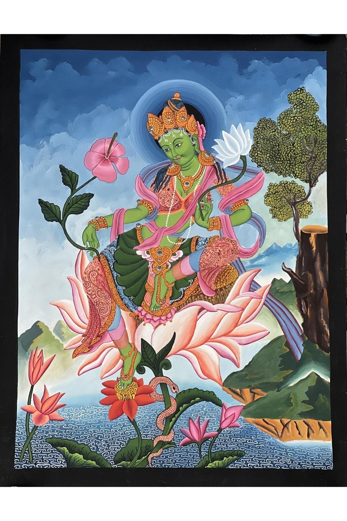 Green Tara/ Shyamatara/ Mother Tara Masterpiece Newari Paubha/Pauva Thangka Painting Original Hand - Painting Newari Art from Kathmandu Valley - Tibetan Thangka Art