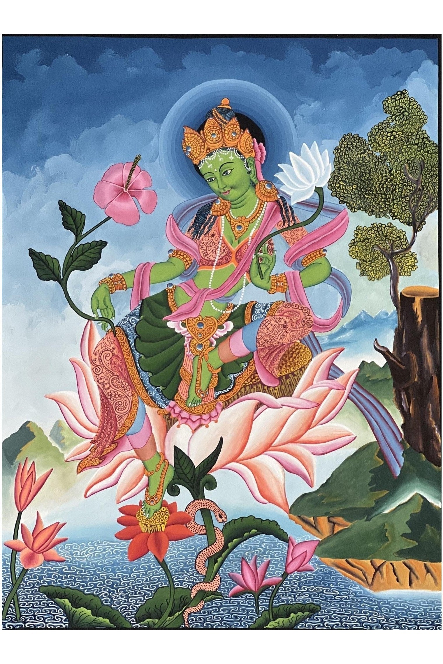 Green Tara/ Shyamatara/ Mother Tara Masterpiece Newari Paubha/Pauva Thangka Painting Original Hand - Painting Newari Art from Kathmandu Valley - Tibetan Thangka Art