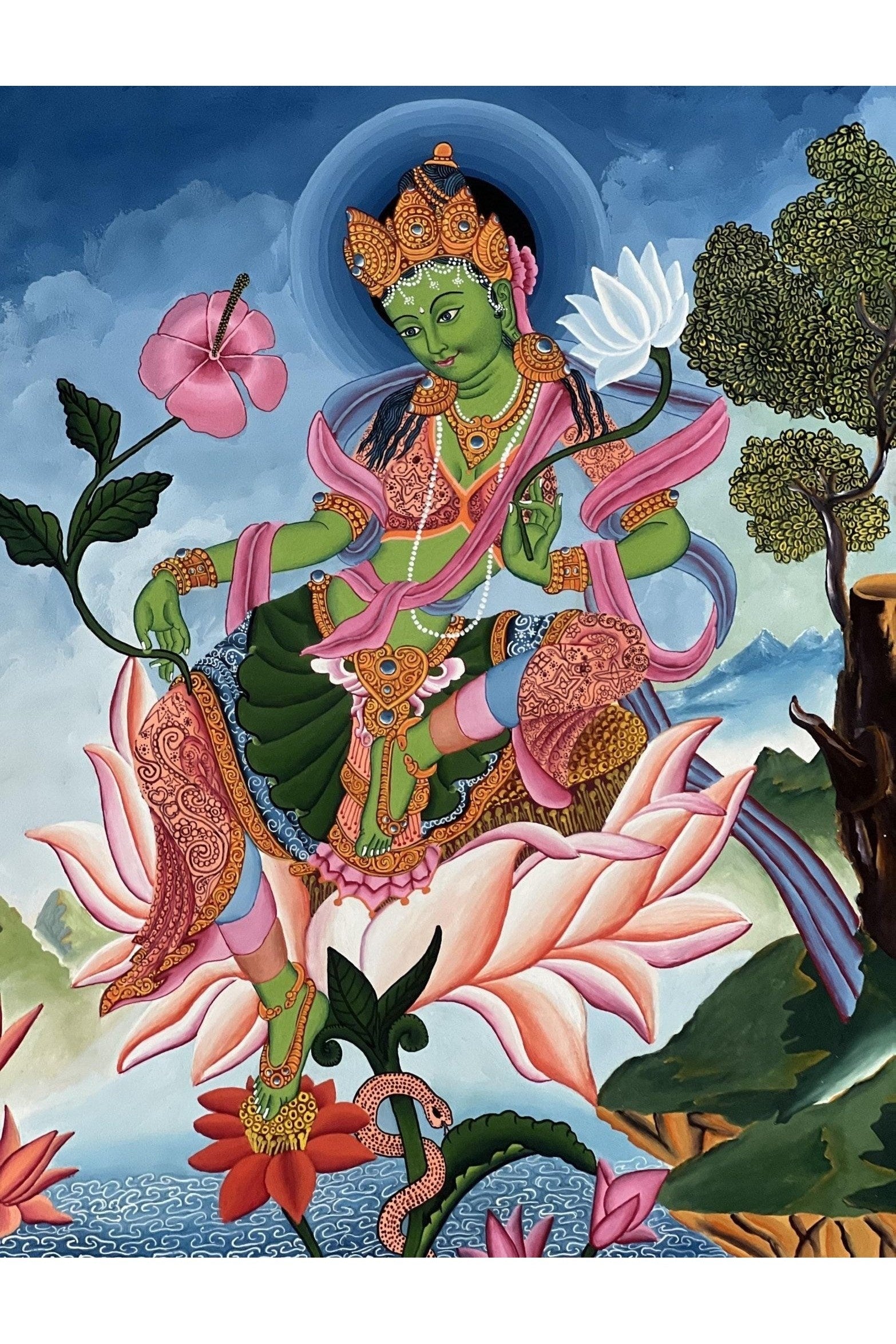 Green Tara/ Shyamatara/ Mother Tara Masterpiece Newari Paubha/Pauva Thangka Painting Original Hand - Painting Newari Art from Kathmandu Valley - Tibetan Thangka Art