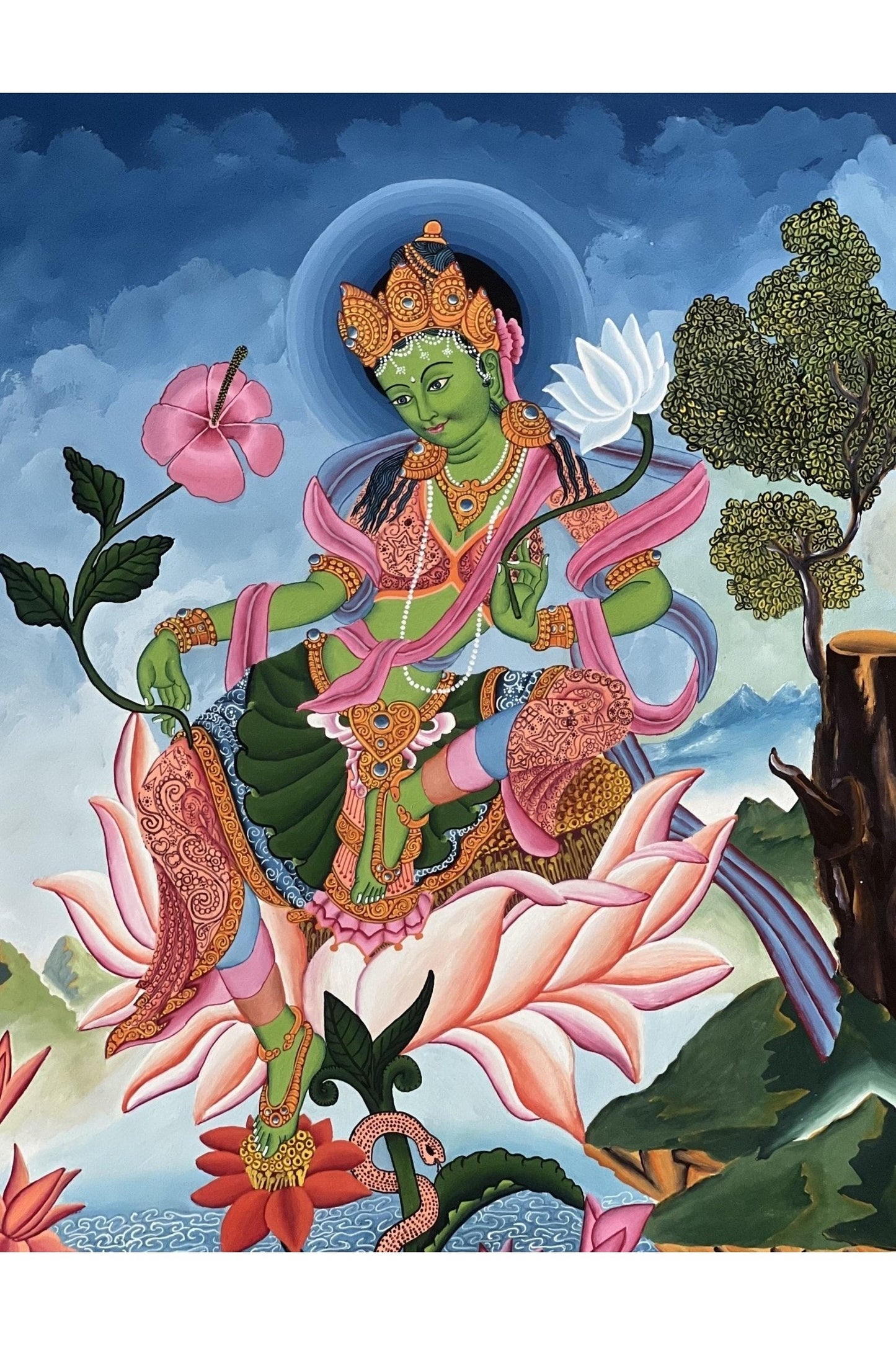 Green Tara/ Shyamatara/ Mother Tara Masterpiece Newari Paubha/Pauva Thangka Painting Original Hand - Painting Newari Art from Kathmandu Valley - Tibetan Thangka Art