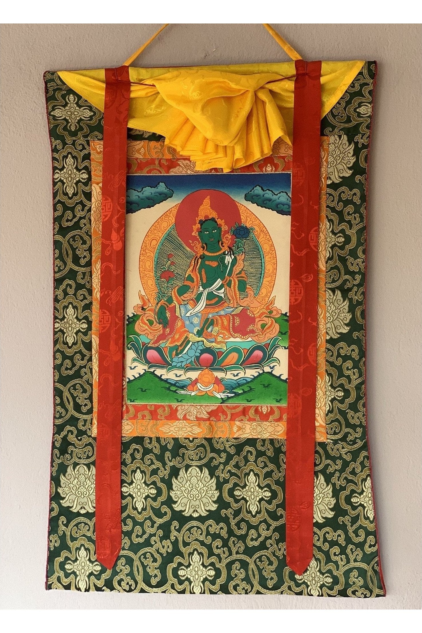 Green Tara/ Shyamatara Tibetan Thangka Painting Original Art with Silk Frame ( Brocade) - Tibetan Thangka Art