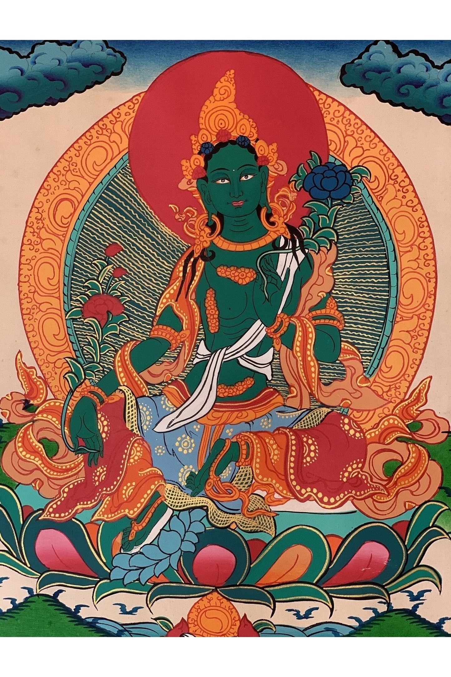 Green Tara/ Shyamatara Tibetan Thangka Painting Original Art with Silk Frame ( Brocade) - Tibetan Thangka Art