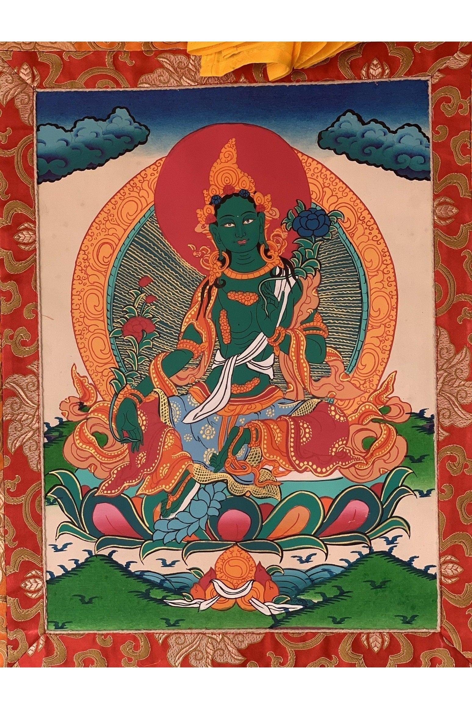 Green Tara/ Shyamatara Tibetan Thangka Painting Original Art with Silk Frame ( Brocade) - Tibetan Thangka Art