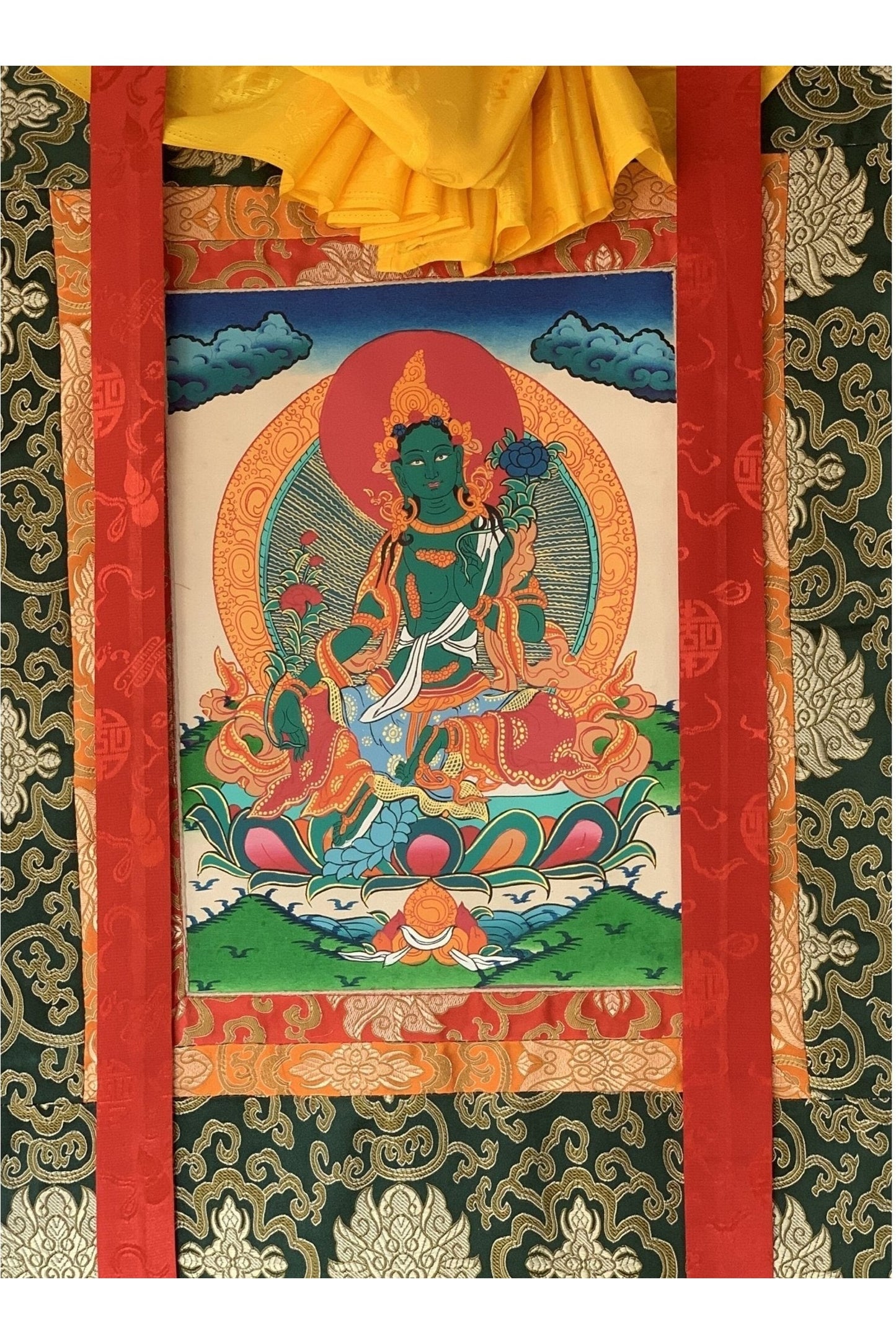 Green Tara/ Shyamatara Tibetan Thangka Painting Original Art with Silk Frame ( Brocade) - Tibetan Thangka Art