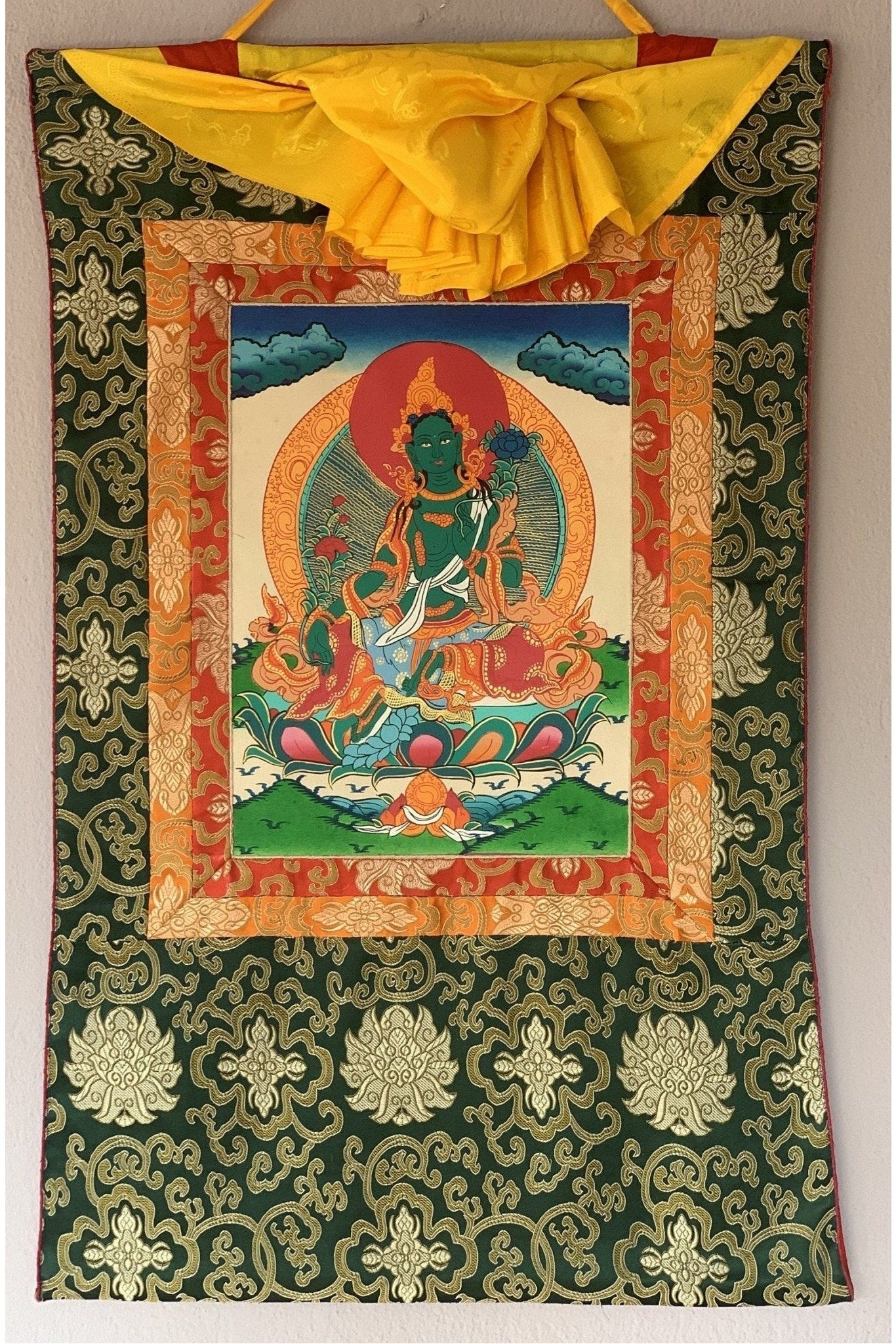 Green Tara/ Shyamatara Tibetan Thangka Painting Original Art with Silk Frame ( Brocade) - Tibetan Thangka Art