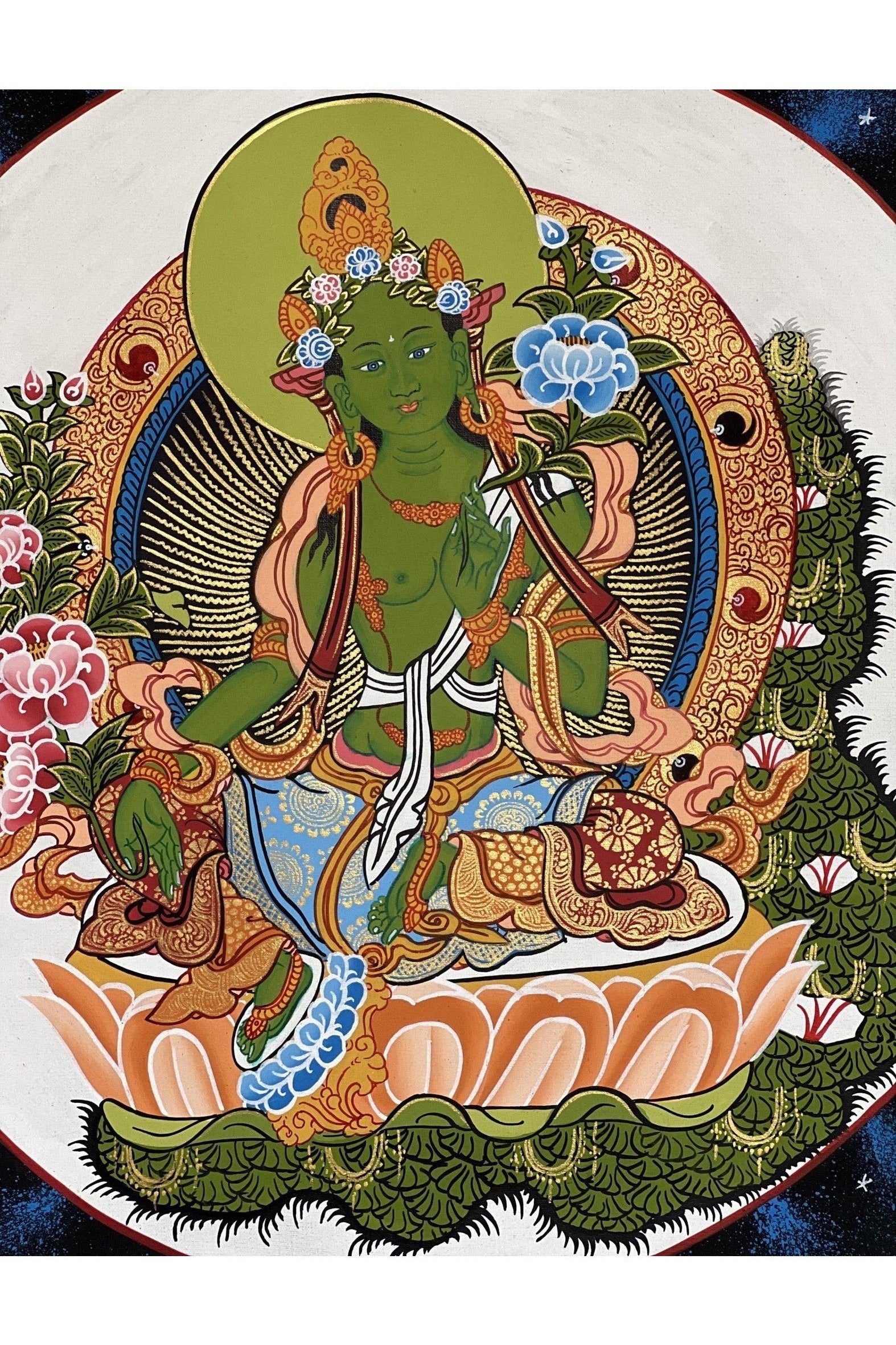 Green Tara/ Shyamatara/Tibetan Thangka Painting Meditation Healing Original Hand painted Buddhist Art with Premium Khadi Silk brocade - Tibetan Thangka Art