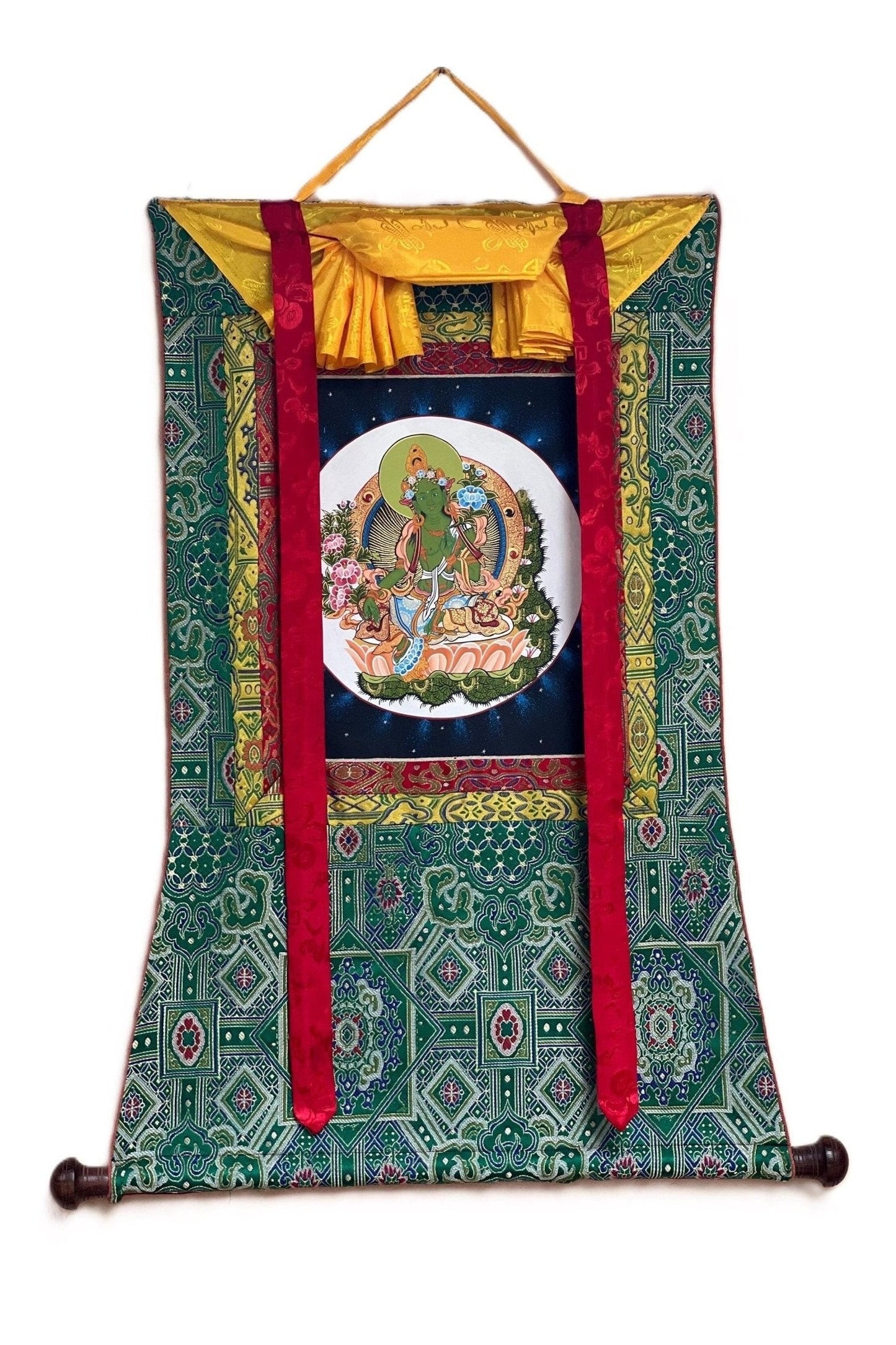 Green Tara/ Shyamatara/Tibetan Thangka Painting Meditation Healing Original Hand painted Buddhist Art with Premium Khadi Silk brocade - Tibetan Thangka Art