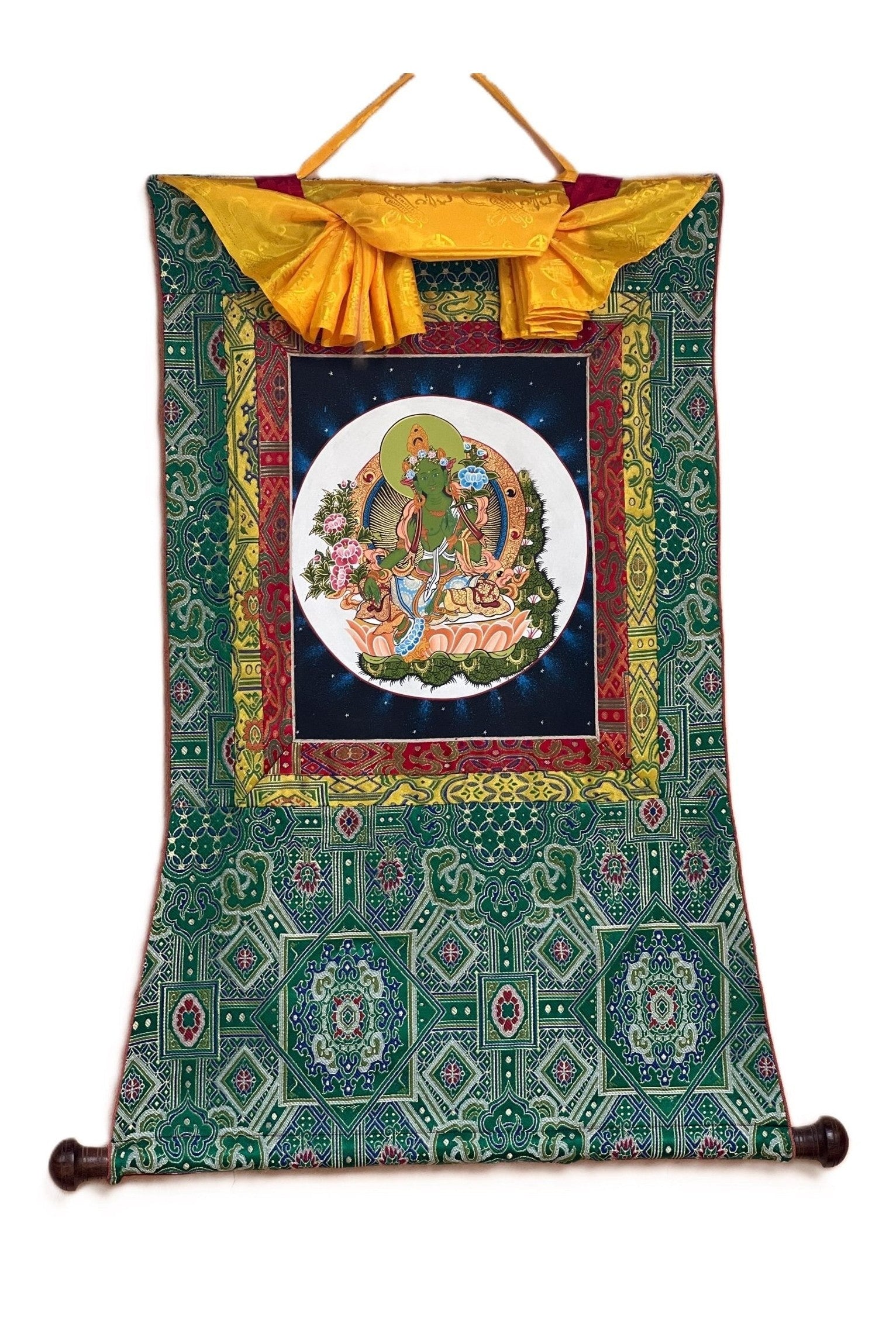 Green Tara/ Shyamatara/Tibetan Thangka Painting Meditation Healing Original Hand painted Buddhist Art with Premium Khadi Silk brocade - Tibetan Thangka Art