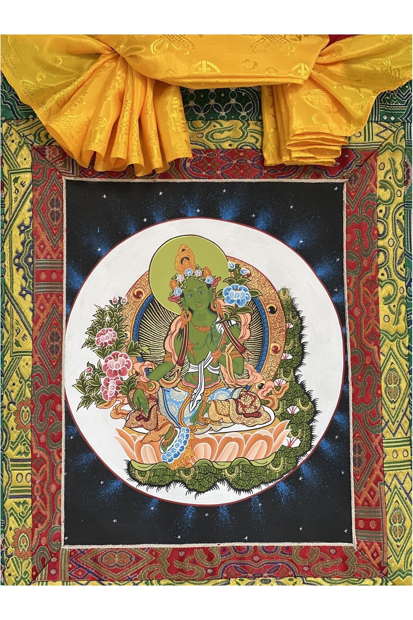 Green Tara/ Shyamatara/Tibetan Thangka Painting Meditation Healing Original Hand painted Buddhist Art with Premium Khadi Silk brocade - Tibetan Thangka Art