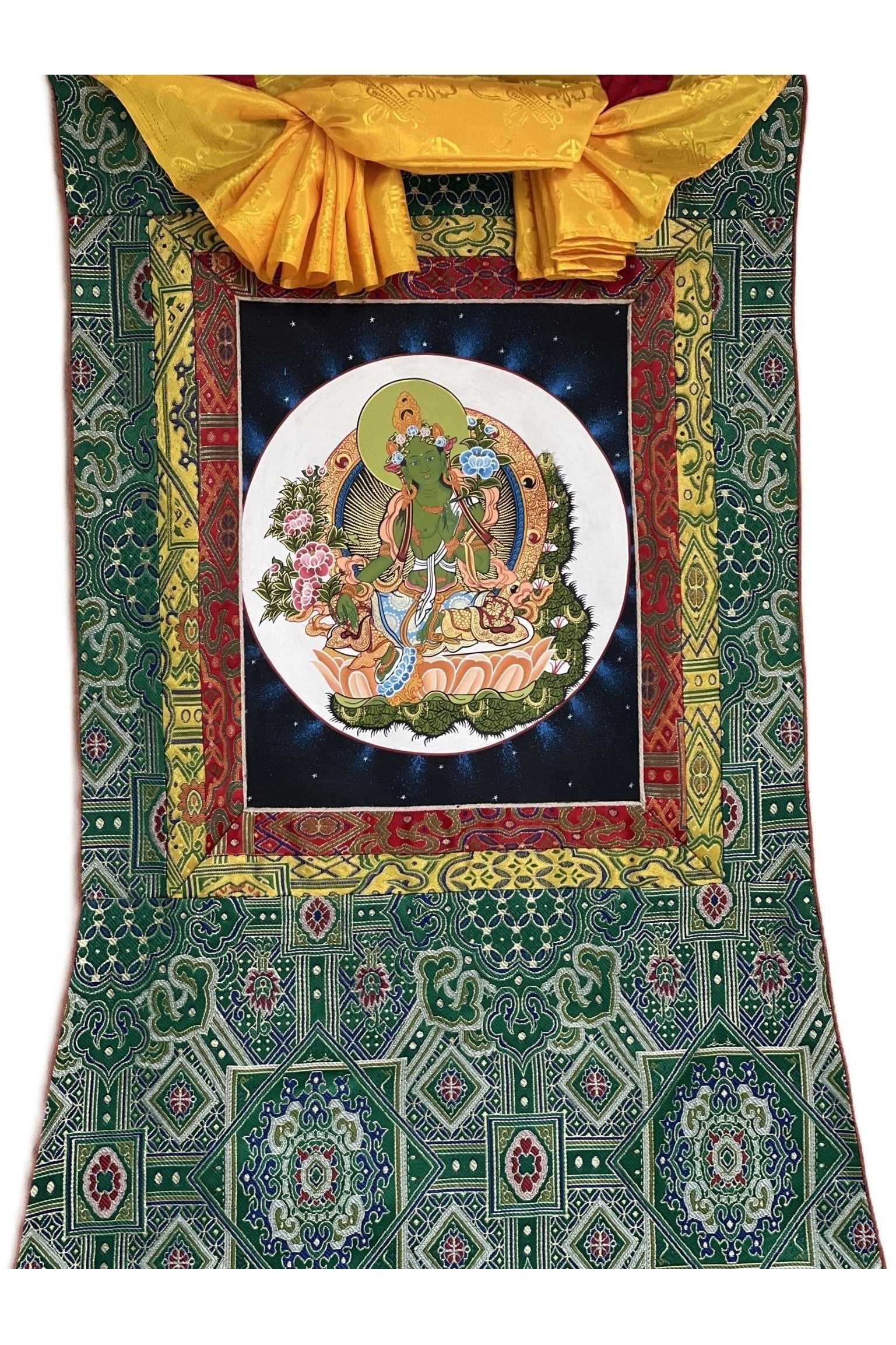 Green Tara/ Shyamatara/Tibetan Thangka Painting Meditation Healing Original Hand painted Buddhist Art with Premium Khadi Silk brocade - Tibetan Thangka Art