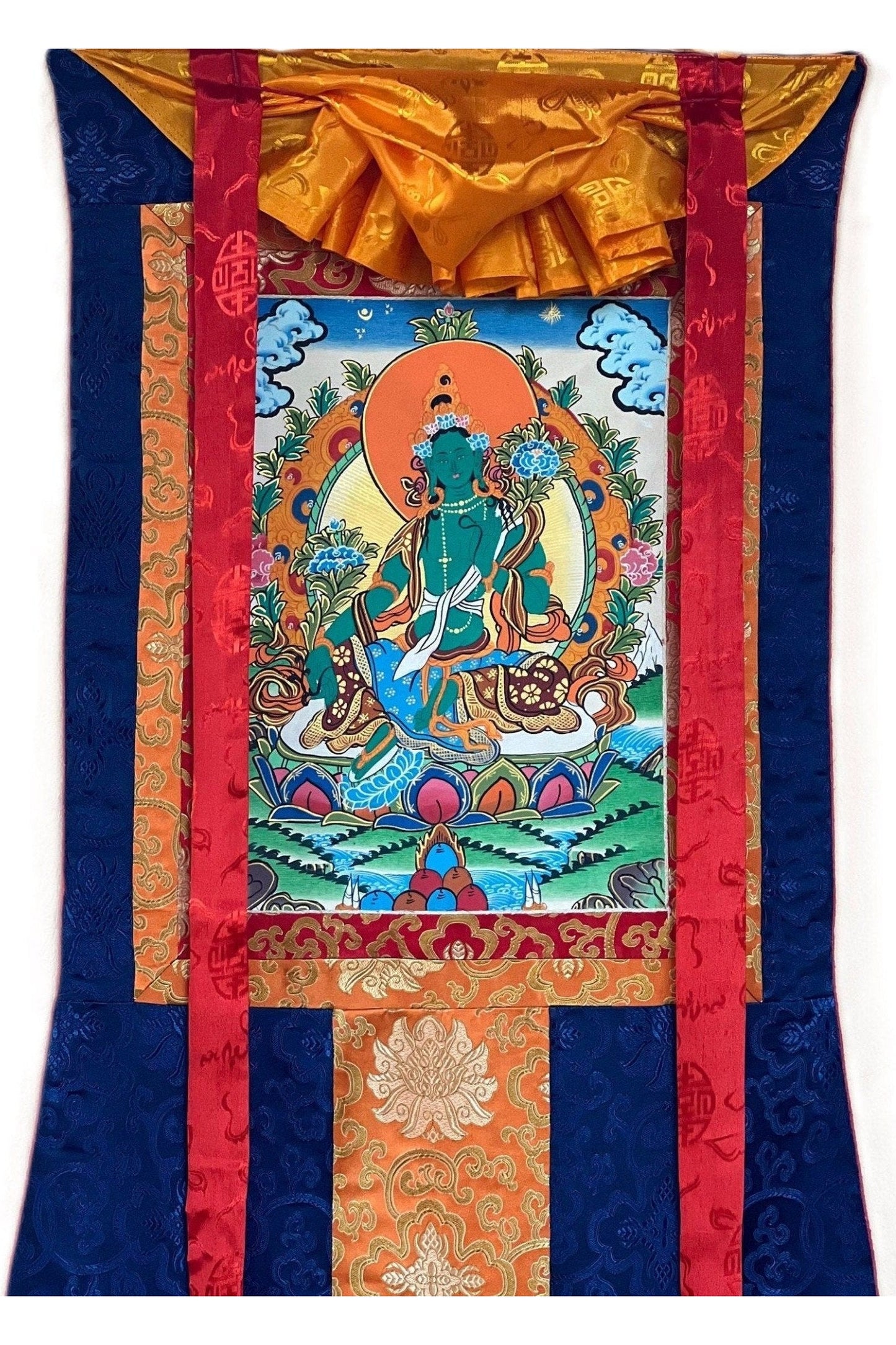 Green Tara/Shyamatara/ Mother Goddess Tibetan Thangka Painting Original Buddhist Art with Silk Brocade - Tibetan Thangka Art