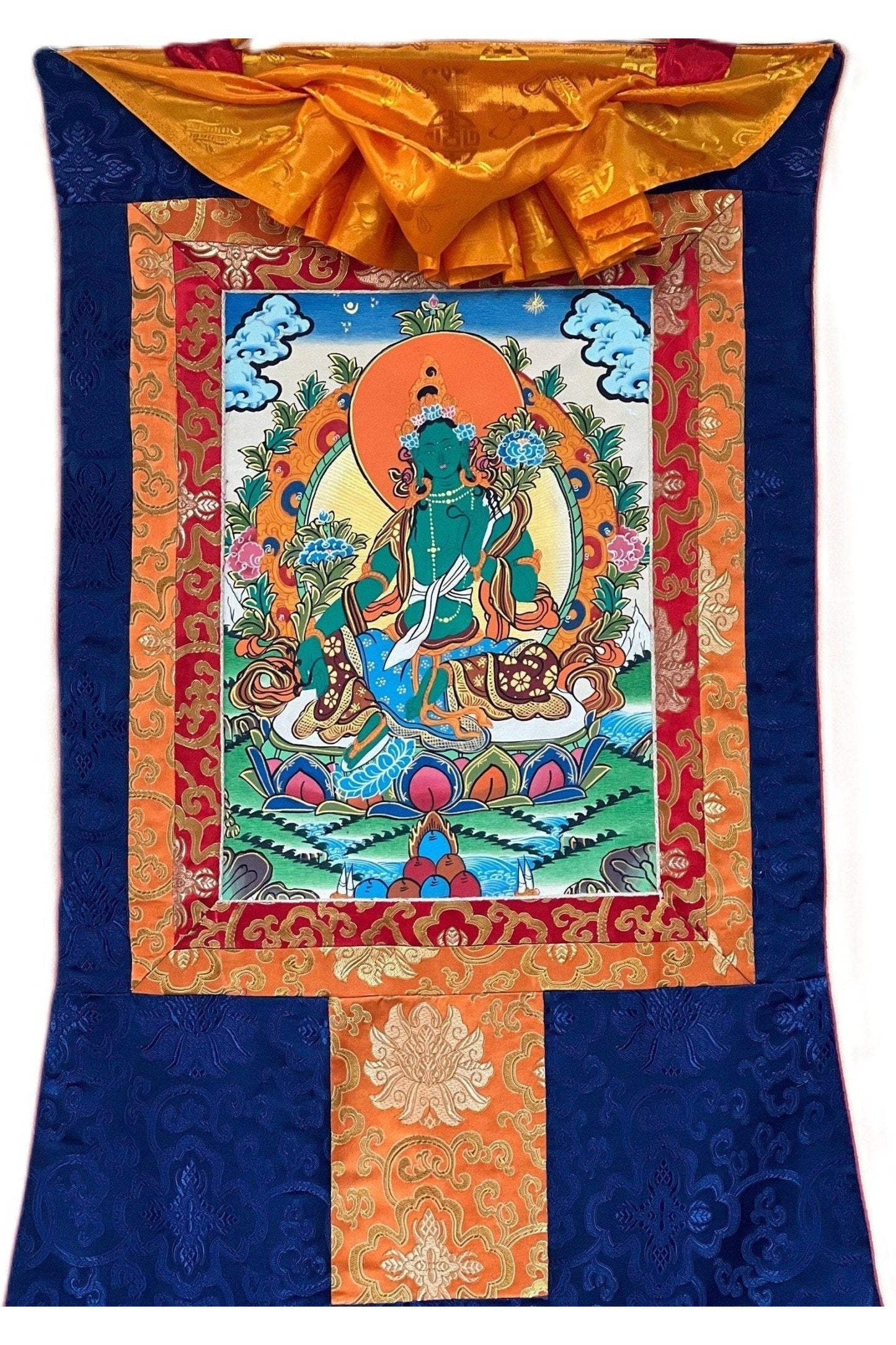 Green Tara/Shyamatara/ Mother Goddess Tibetan Thangka Painting Original Buddhist Art with Silk Brocade - Tibetan Thangka Art