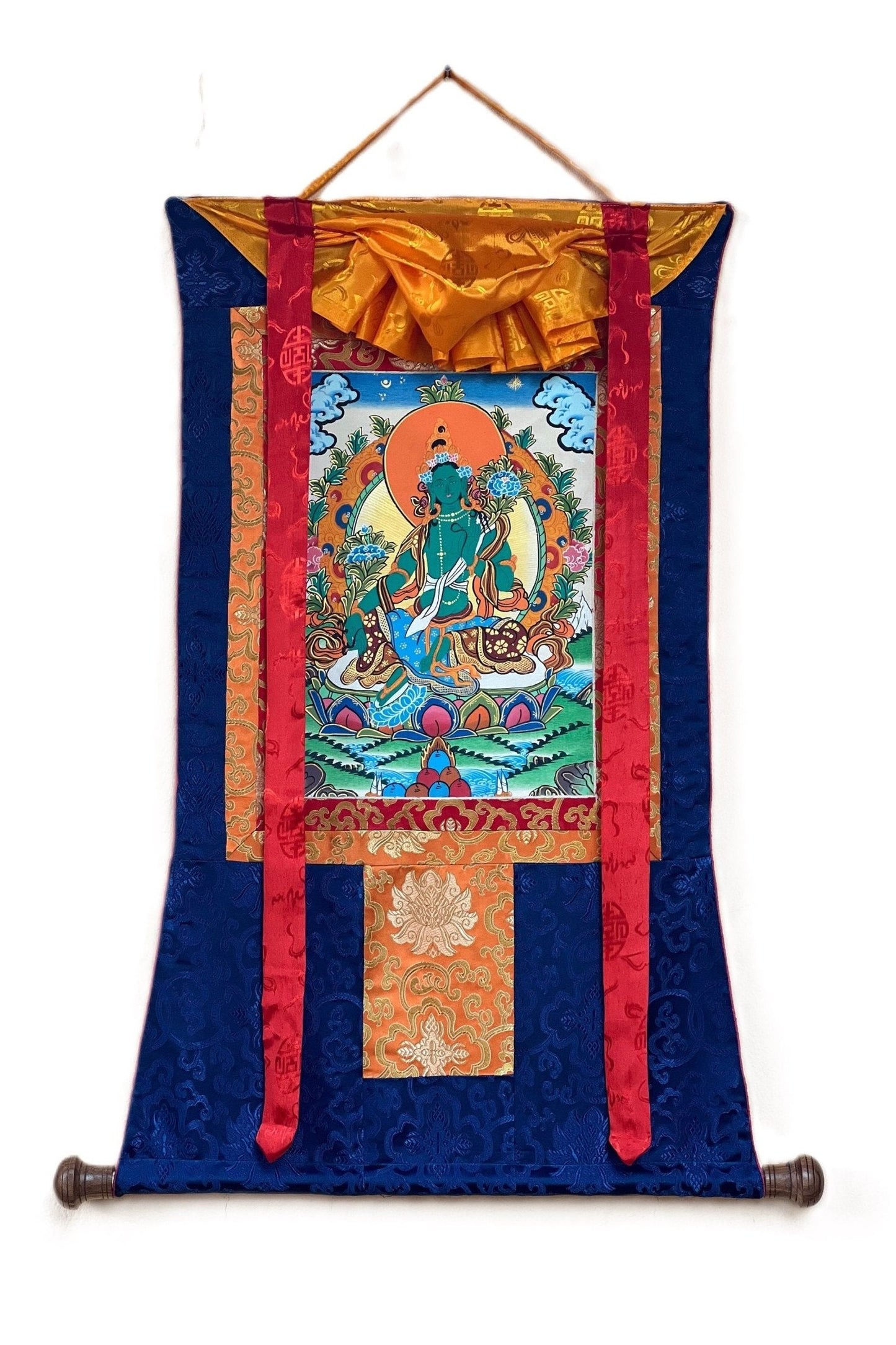 Green Tara/Shyamatara/ Mother Goddess Tibetan Thangka Painting Original Buddhist Art with Silk Brocade - Tibetan Thangka Art