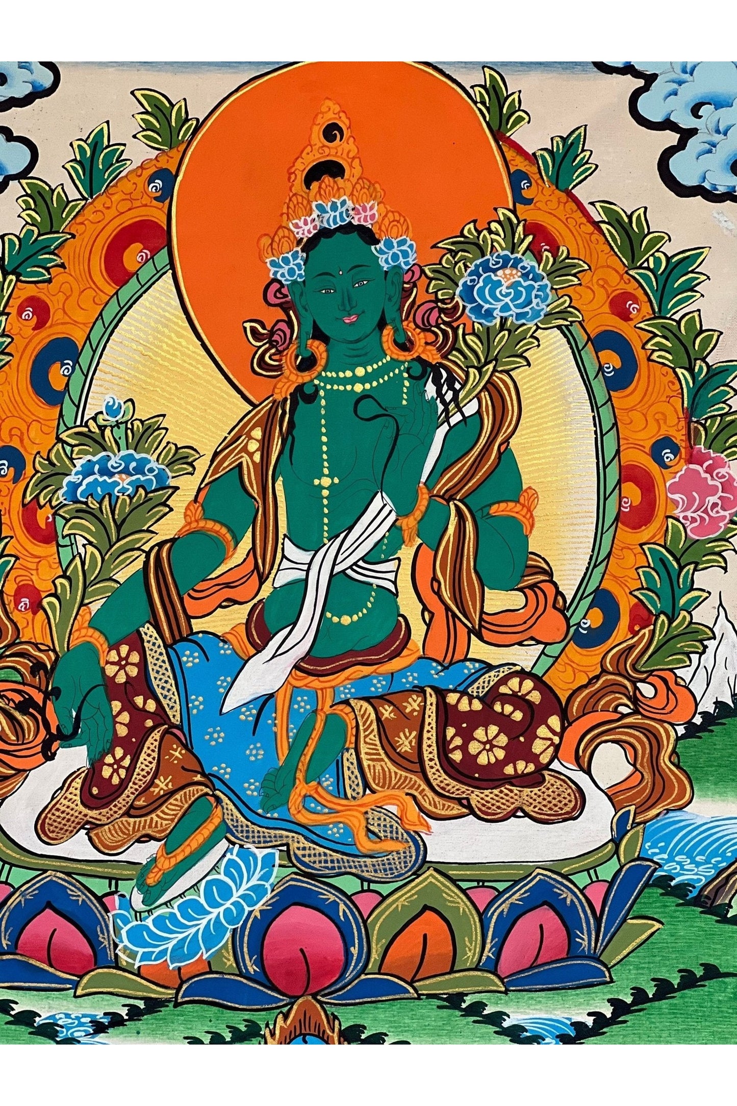 Green Tara/Shyamatara/ Mother Goddess Tibetan Thangka Painting Original Buddhist Art with Silk Brocade - Tibetan Thangka Art