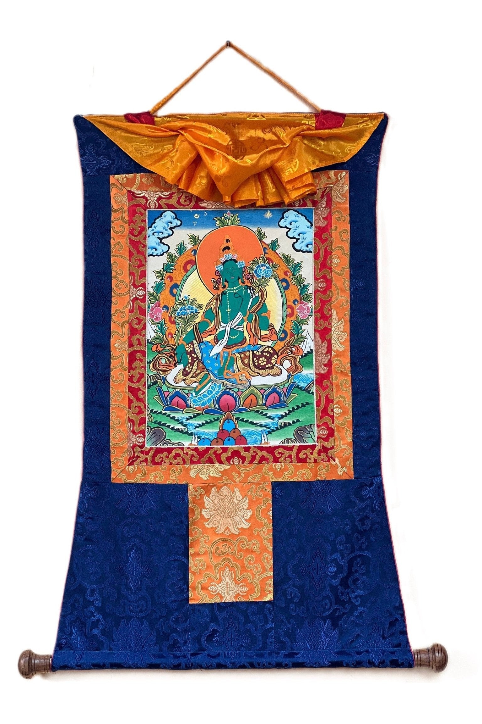 Green Tara/Shyamatara/ Mother Goddess Tibetan Thangka Painting Original Buddhist Art with Silk Brocade - Tibetan Thangka Art