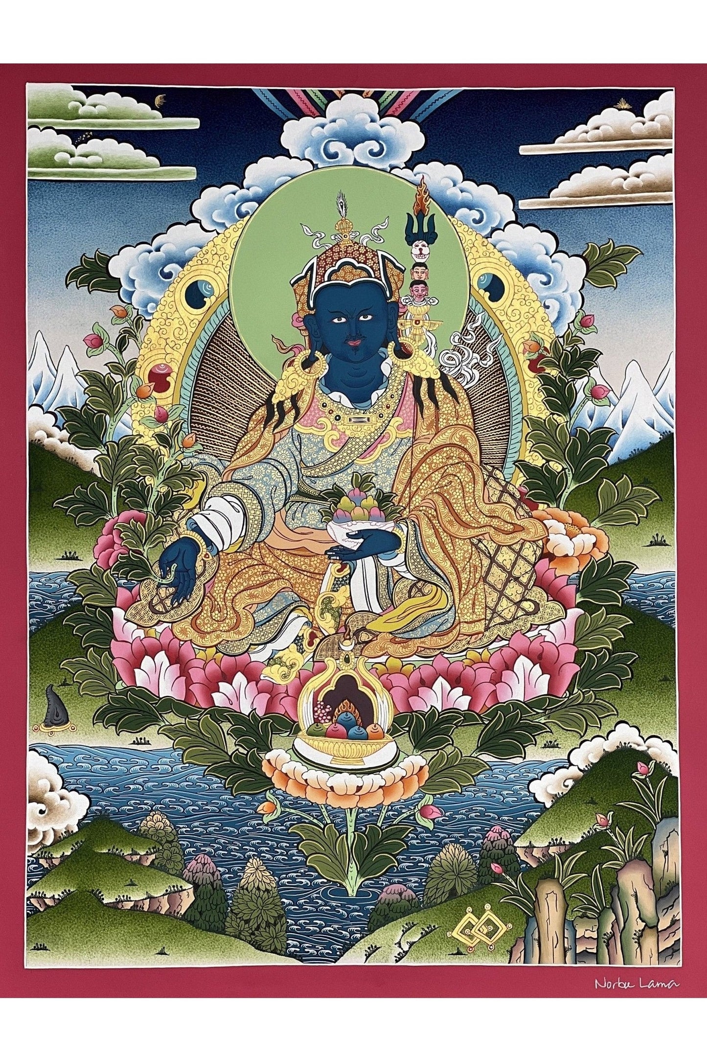 Guru Orgyen Menla/ Guru Rinpoche of Medicine Artist Signed Masterpiece Original Hand - painted Tibetan Thangka/ Thanka Painting Meditation Art - Tibetan Thangka Art