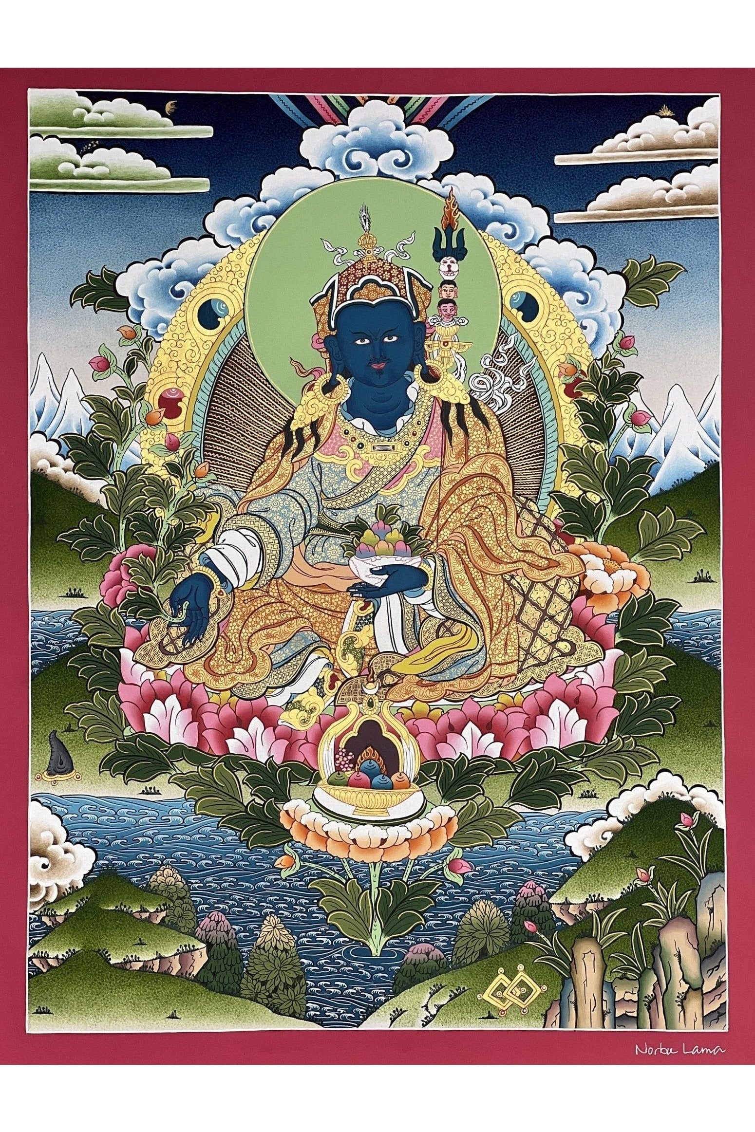 Guru Orgyen Menla/ Guru Rinpoche of Medicine Artist Signed Masterpiece Original Hand - painted Tibetan Thangka/ Thanka Painting Meditation Art - Tibetan Thangka Art