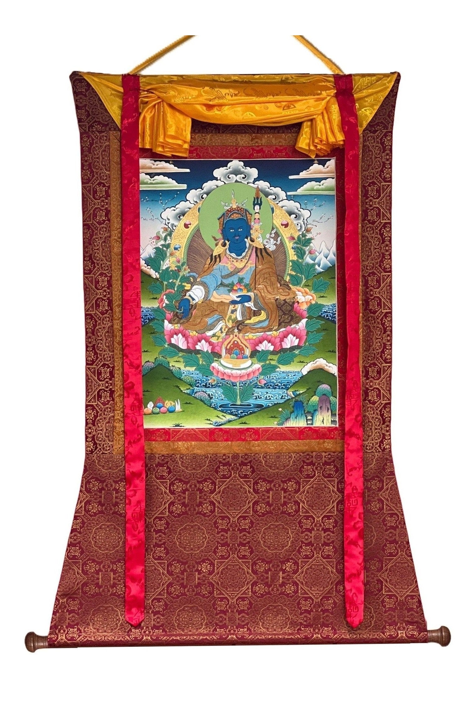 Guru Orgyen Menla/ Guru Rinpoche of Medicine Masterpiece Gold Original Tibetan Thangka Painting with High - quality Silk Brocade - Tibetan Thangka Art