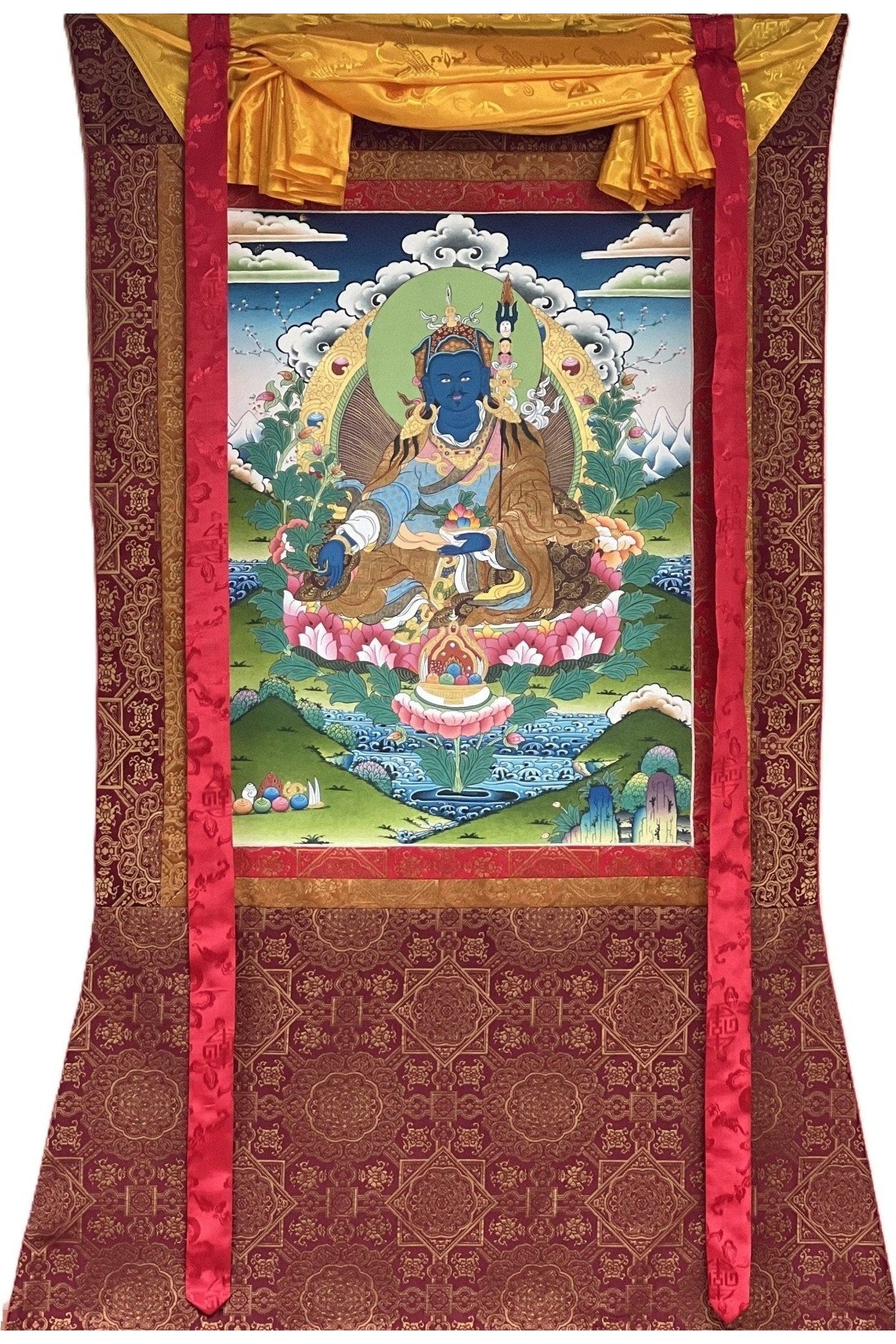 Guru Orgyen Menla/ Guru Rinpoche of Medicine Masterpiece Gold Original Tibetan Thangka Painting with High - quality Silk Brocade - Tibetan Thangka Art