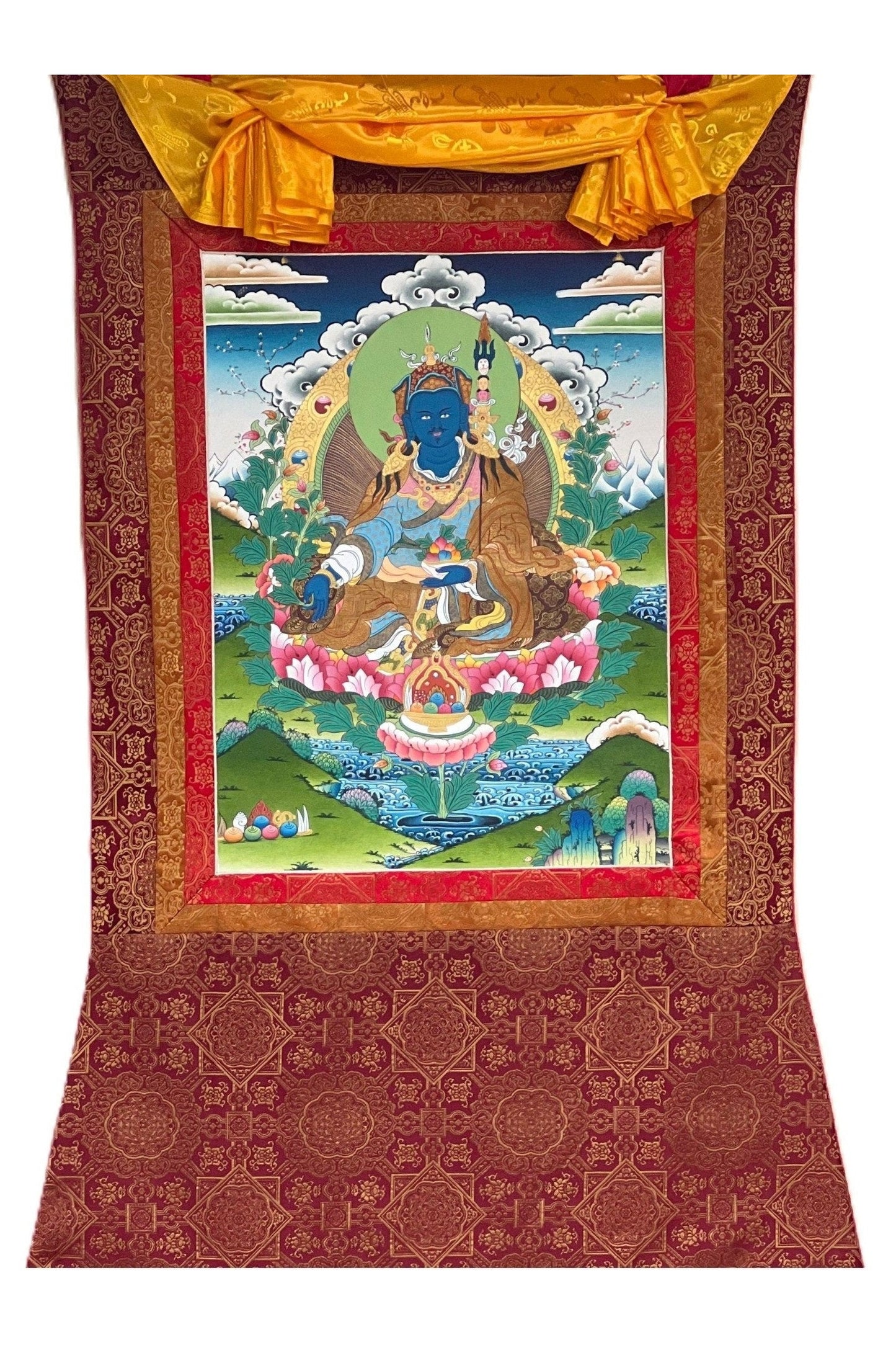 Guru Orgyen Menla/ Guru Rinpoche of Medicine Masterpiece Gold Original Tibetan Thangka Painting with High - quality Silk Brocade - Tibetan Thangka Art