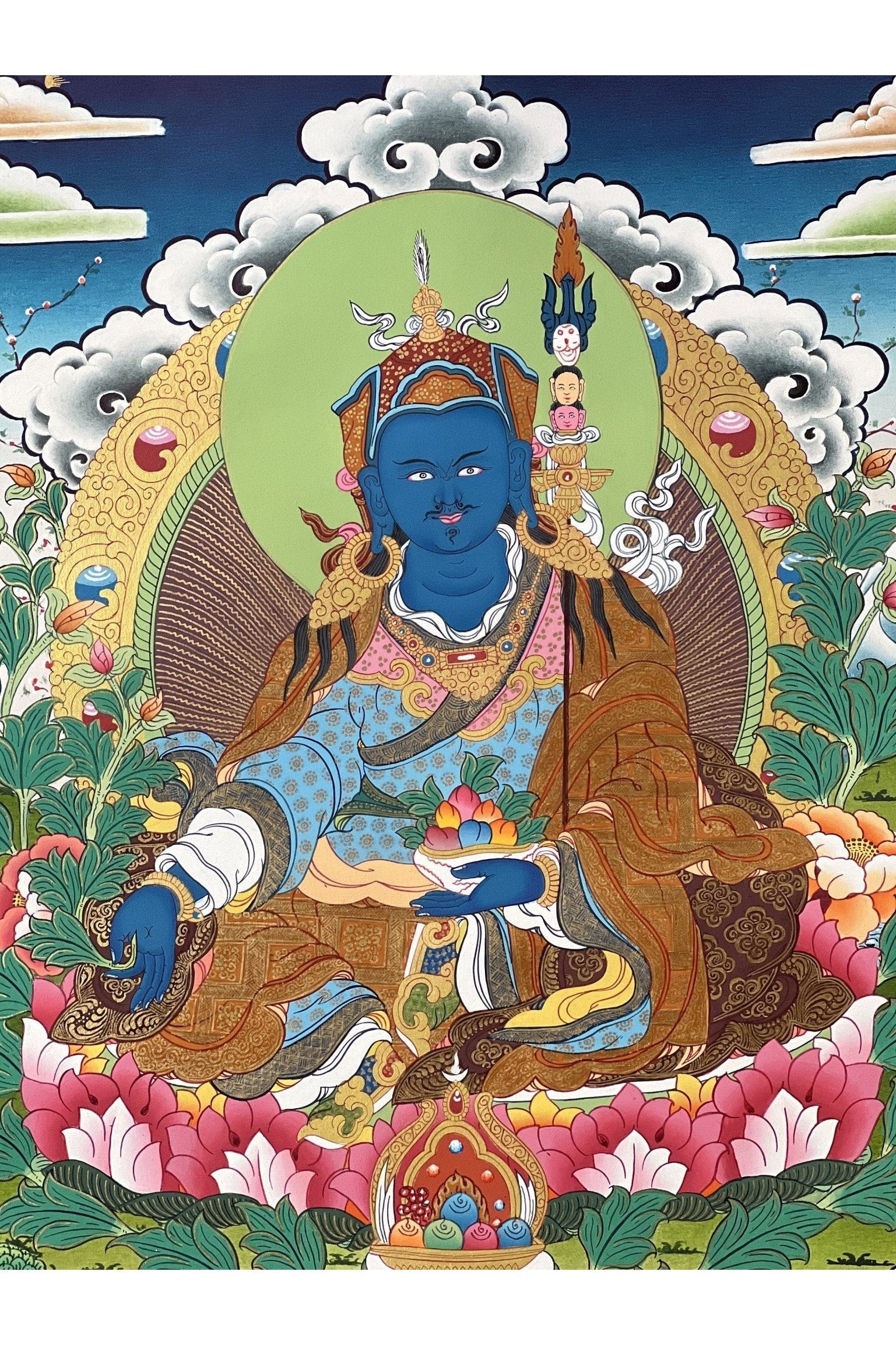 Guru Orgyen Menla/ Guru Rinpoche of Medicine Masterpiece Gold Original Tibetan Thangka Painting with High - quality Silk Brocade - Tibetan Thangka Art