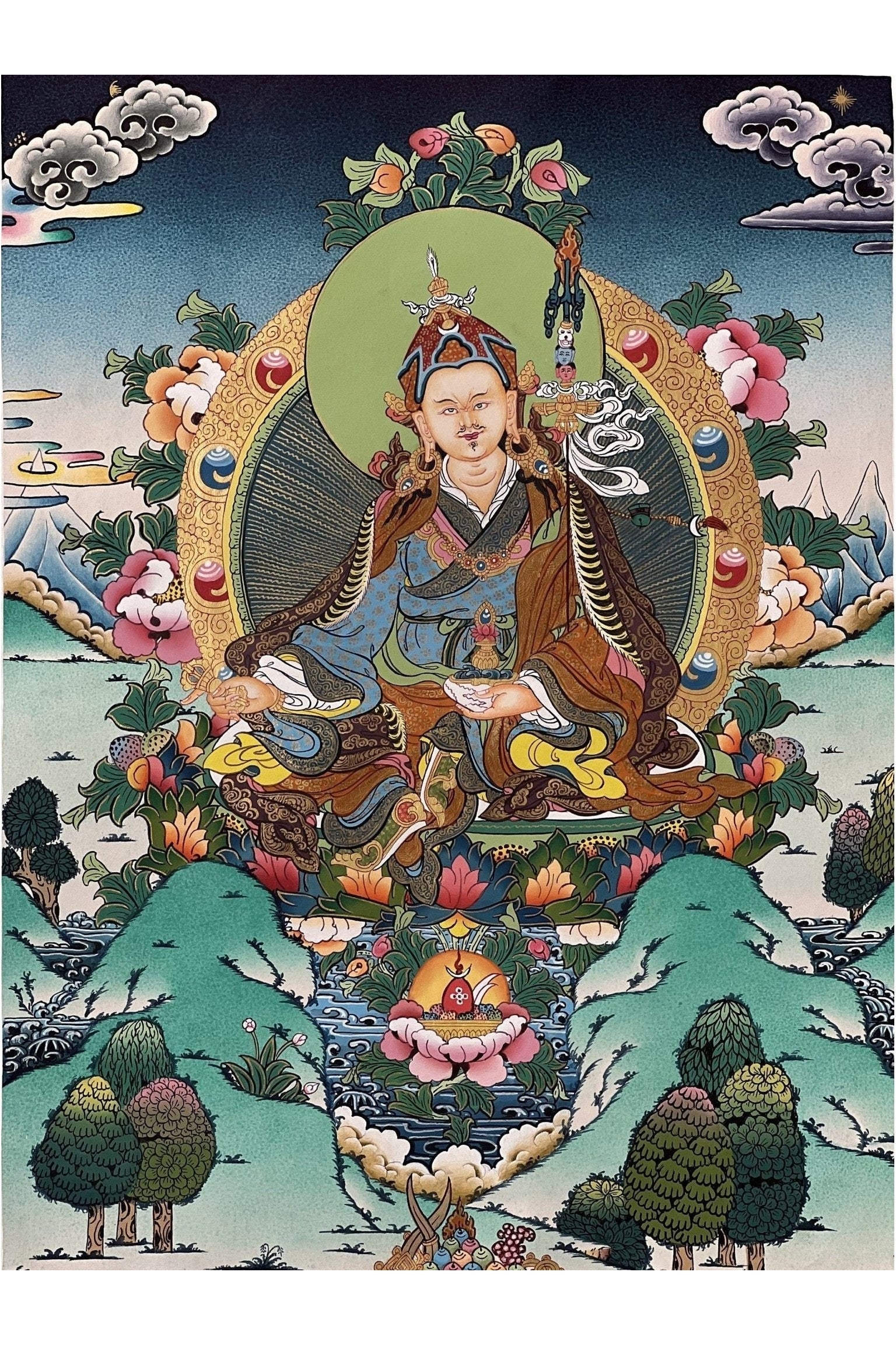 Guru Padmasambhava/ Guru Rinpoche Masterpiece Tibetan Thangka Painting, Original Hand Painting Buddhist Meditation Art - Tibetan Thangka Art