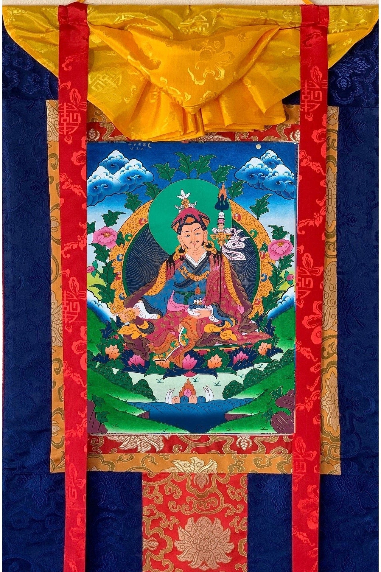 Guru Padmasambhava/ Guru Rinpoche Tibetan Thangka Painting Original Hand Painting/ Buddhist Art with Silk Frame - Tibetan Thangka Art