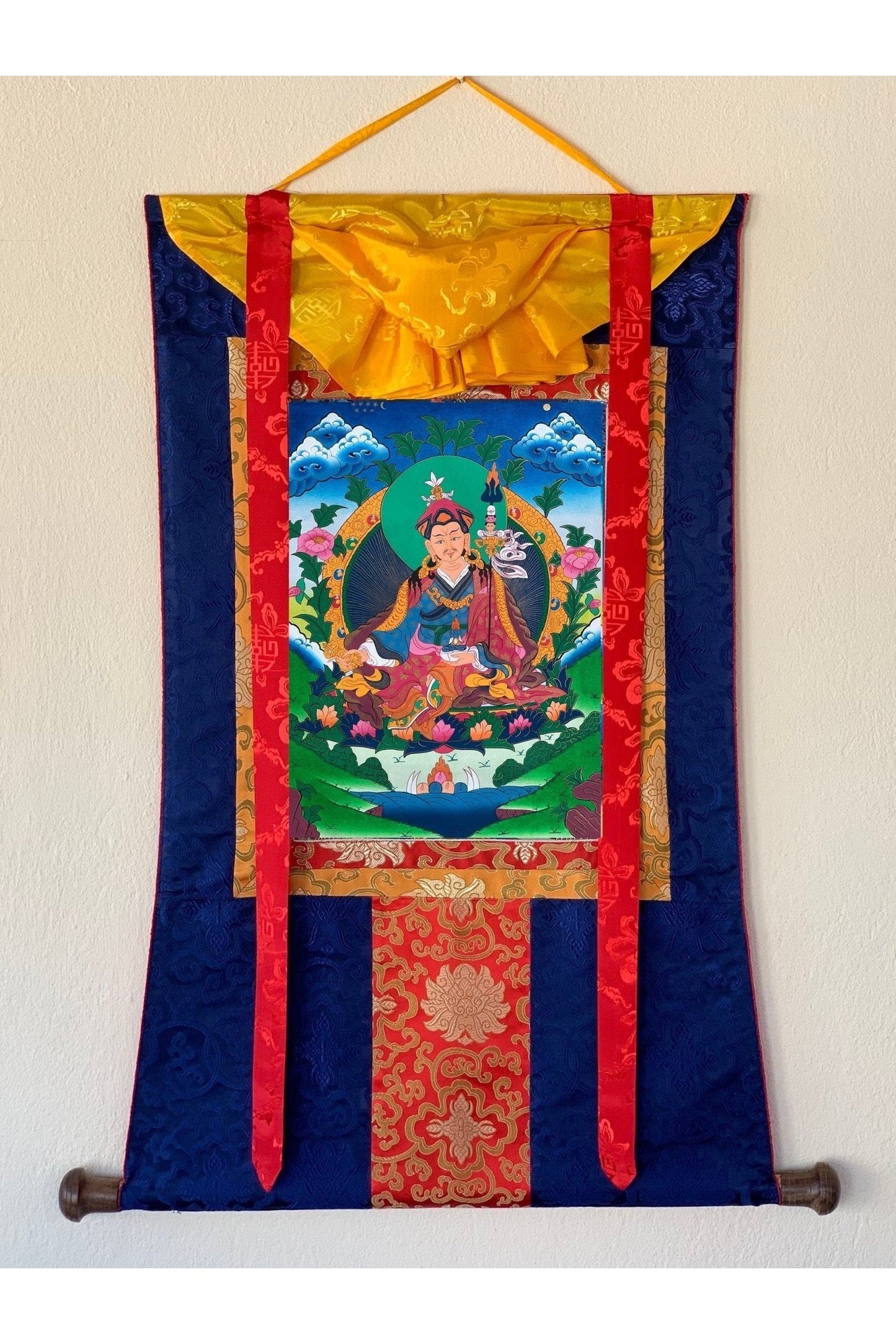 Guru Padmasambhava/ Guru Rinpoche Tibetan Thangka Painting Original Hand Painting/ Buddhist Art with Silk Frame - Tibetan Thangka Art