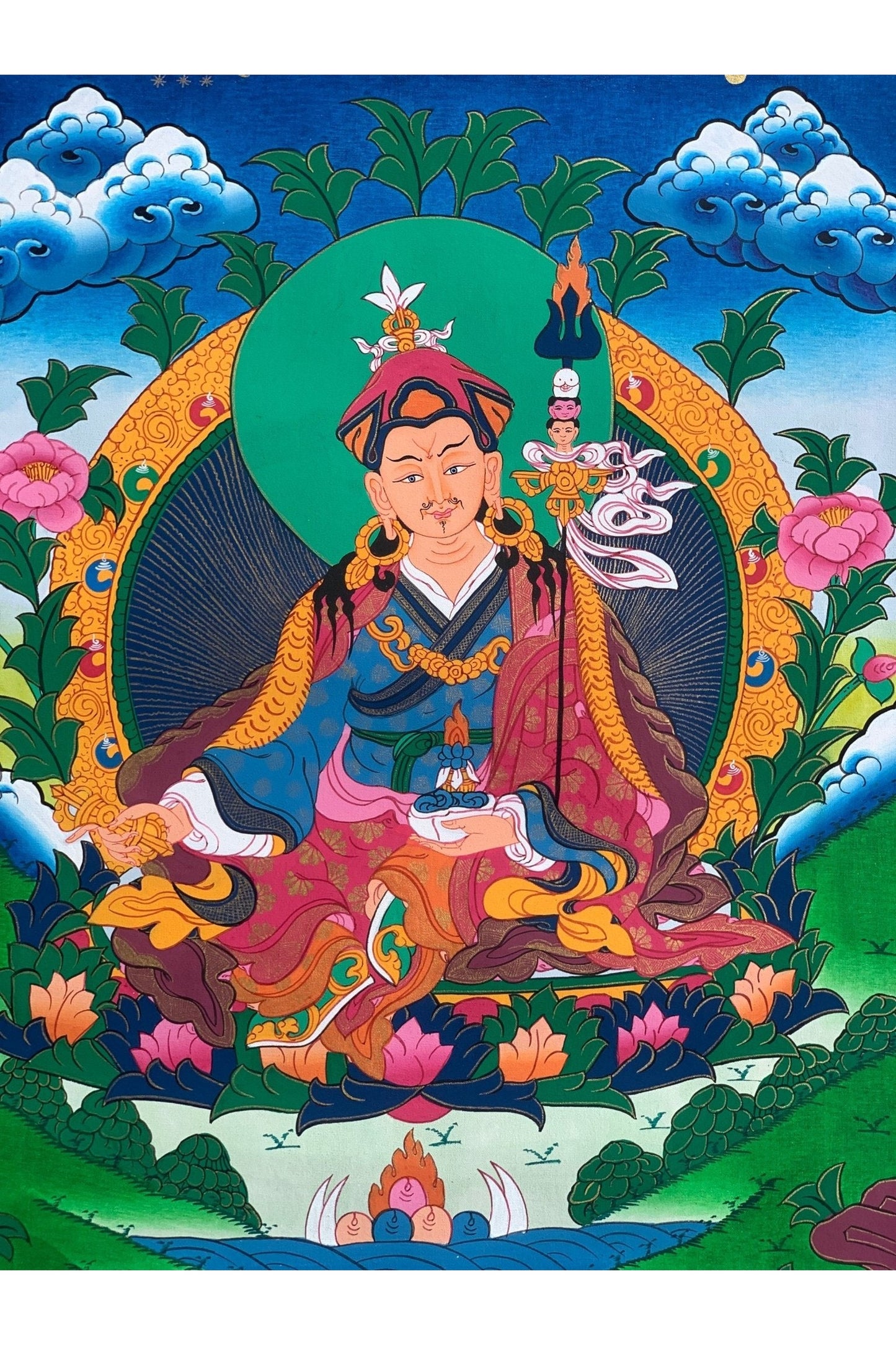 Guru Padmasambhava/ Guru Rinpoche Tibetan Thangka Painting Original Hand Painting/ Buddhist Art with Silk Frame - Tibetan Thangka Art