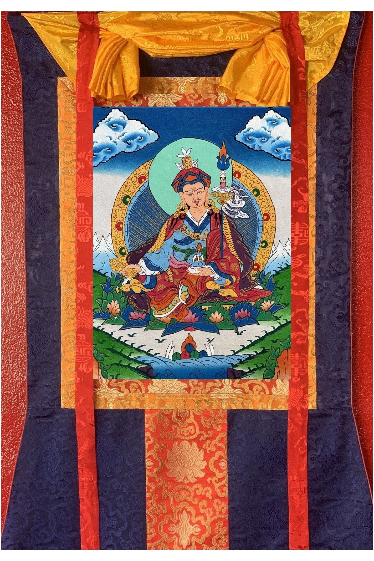 Guru Padmasambhava/Guru Rinpoche Tibetan Thangka Painting, Original Art with Silk Brocade - Tibetan Thangka Art