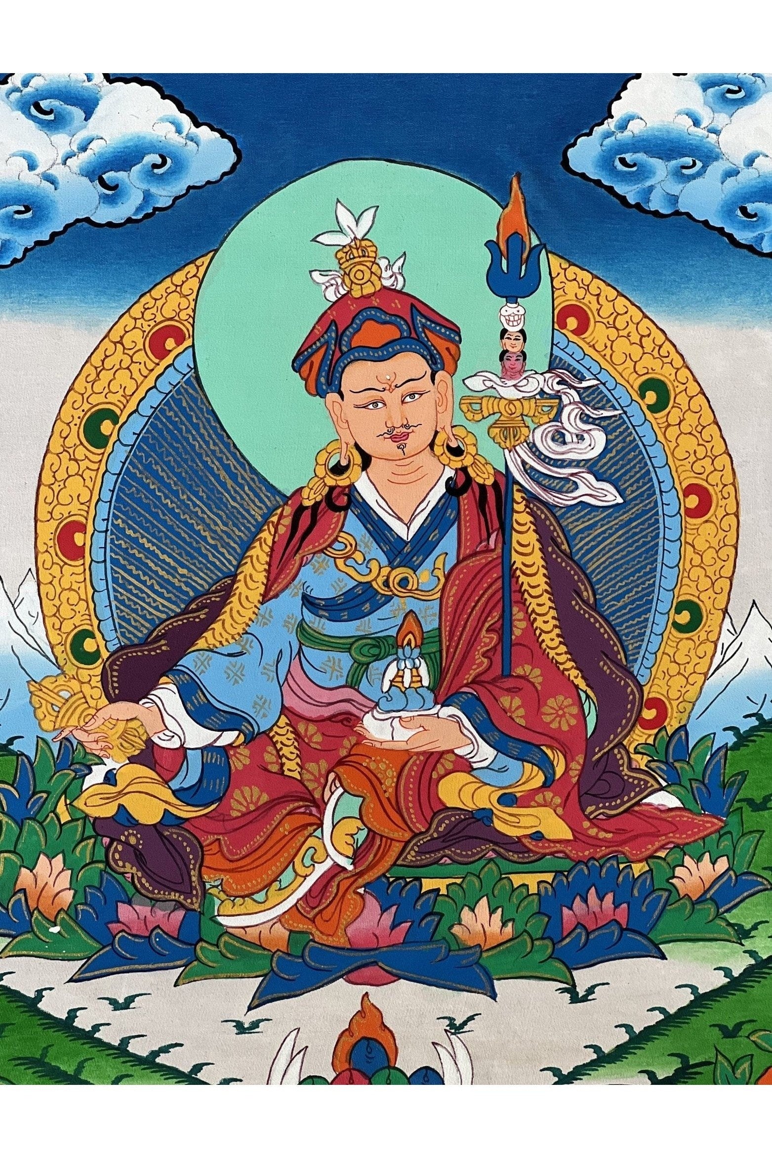 Guru Padmasambhava/Guru Rinpoche Tibetan Thangka Painting, Original Art with Silk Brocade - Tibetan Thangka Art