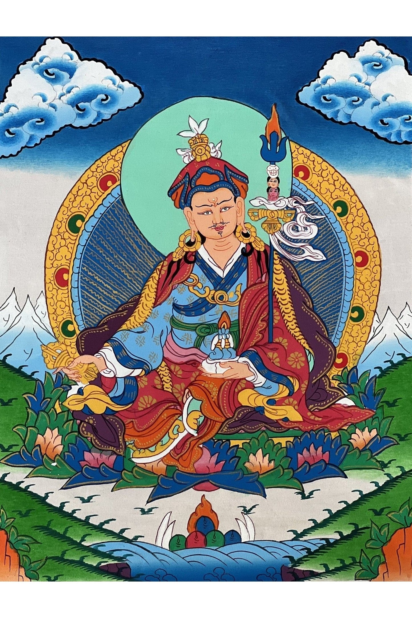 Guru Padmasambhava/Guru Rinpoche Tibetan Thangka Painting, Original Art with Silk Brocade - Tibetan Thangka Art