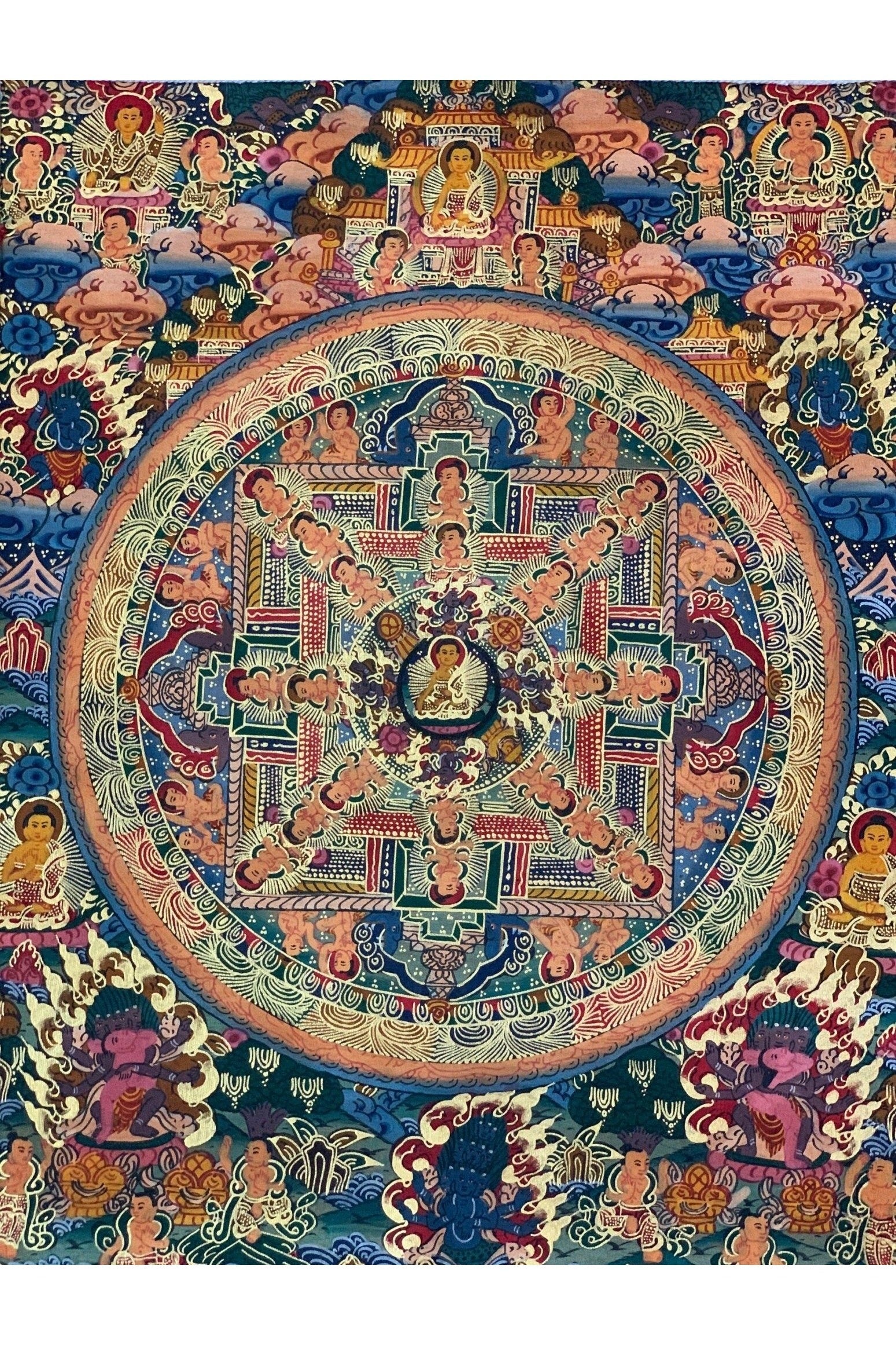 Hand Painted Buddha Life, Wheel of Life, Mandala, Thangka Painting, Original Art with Silk Brocade - Tibetan Thangka Art