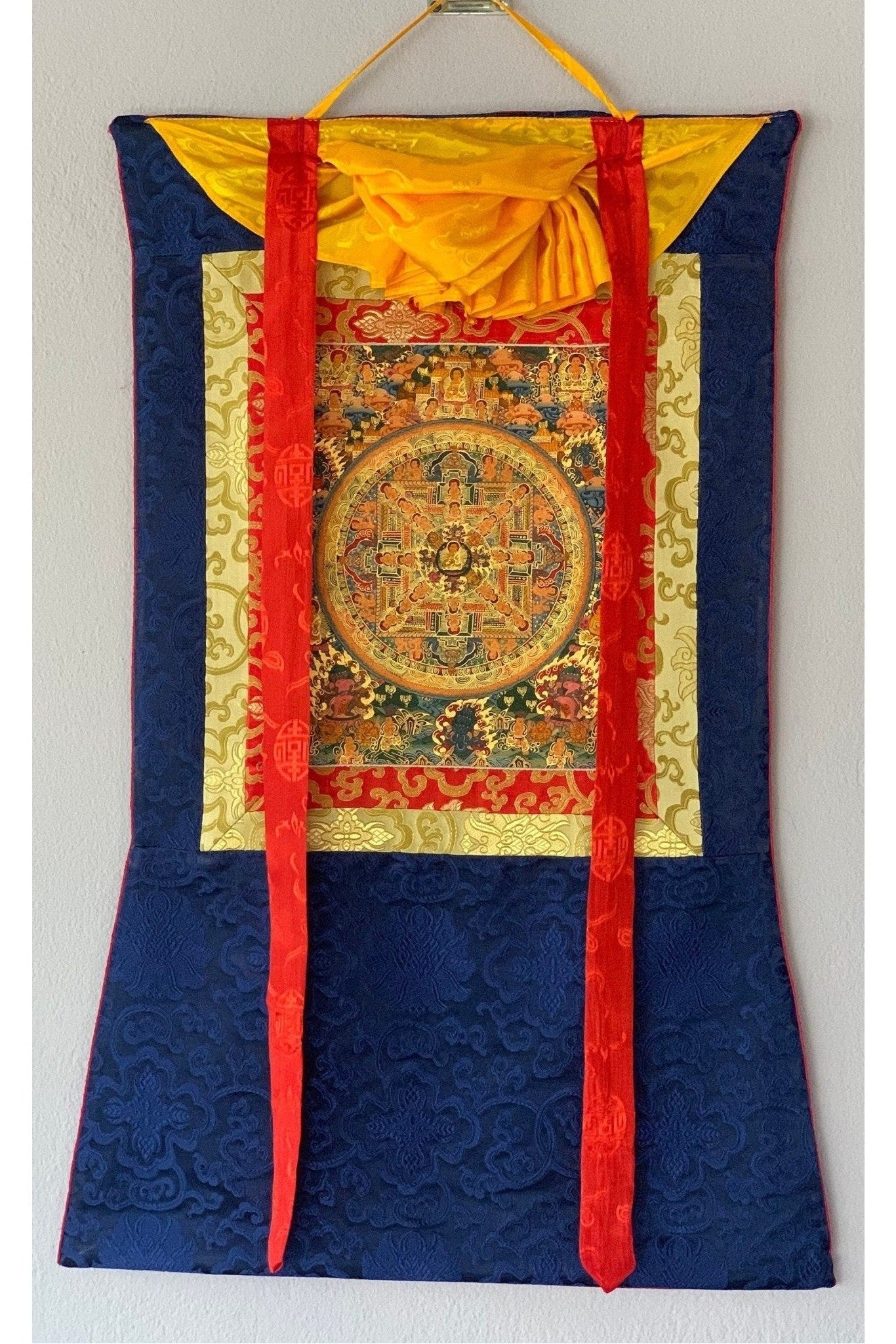 Hand Painted Buddha Life, Wheel of Life, Mandala, Thangka Painting, Original Art with Silk Brocade - Tibetan Thangka Art