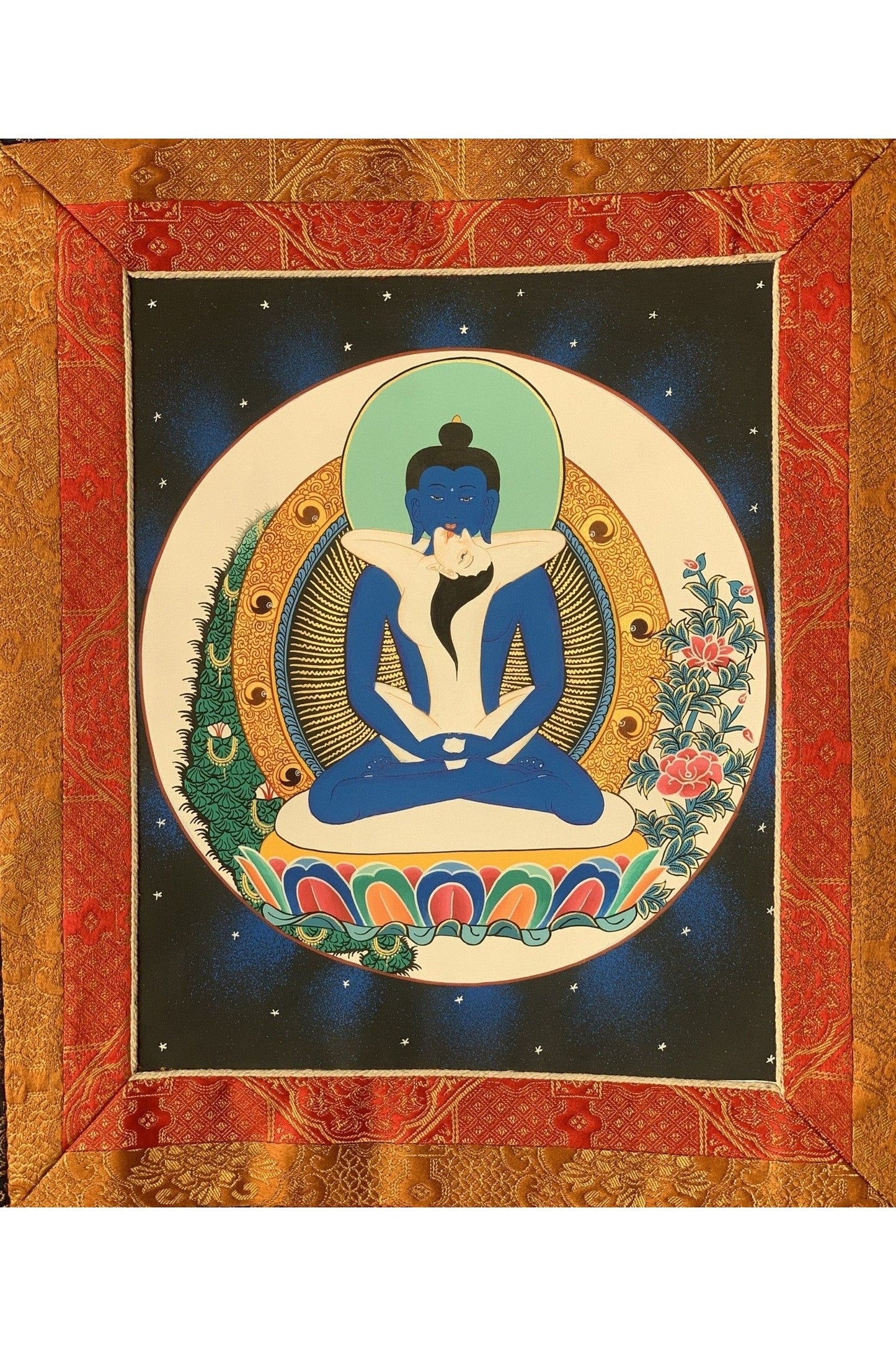 Hand Painted Buddha Shakti Samantabhadra Tibetan Thangka Painting Original Art with Premium Khadi Silk Brocade - Tibetan Thangka Art