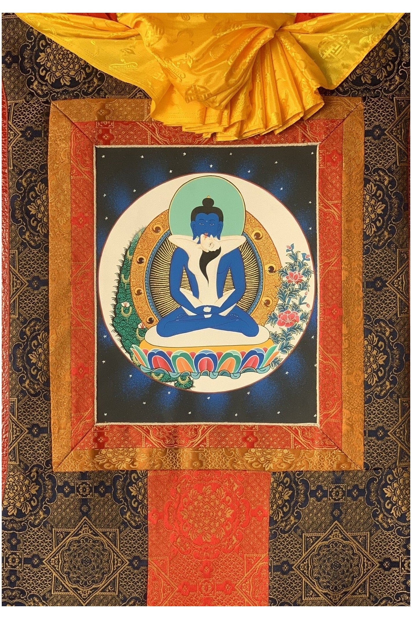 Hand Painted Buddha Shakti Samantabhadra Tibetan Thangka Painting Original Art with Premium Khadi Silk Brocade - Tibetan Thangka Art