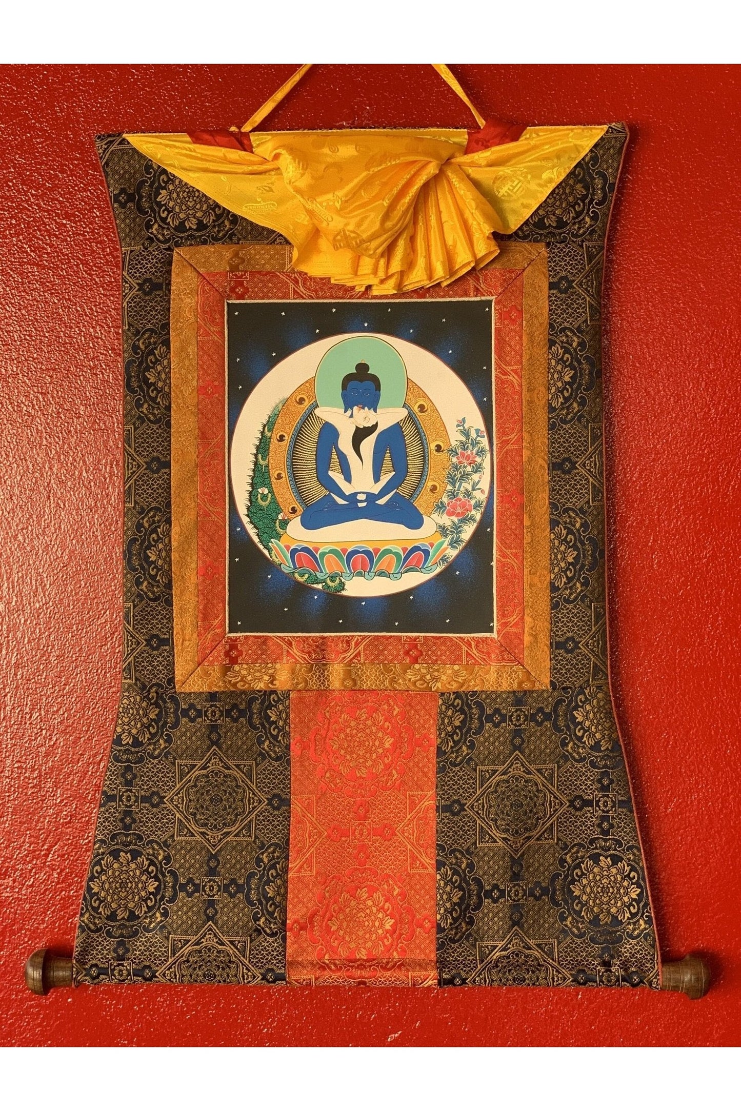 Hand Painted Buddha Shakti Samantabhadra Tibetan Thangka Painting Original Art with Premium Khadi Silk Brocade - Tibetan Thangka Art