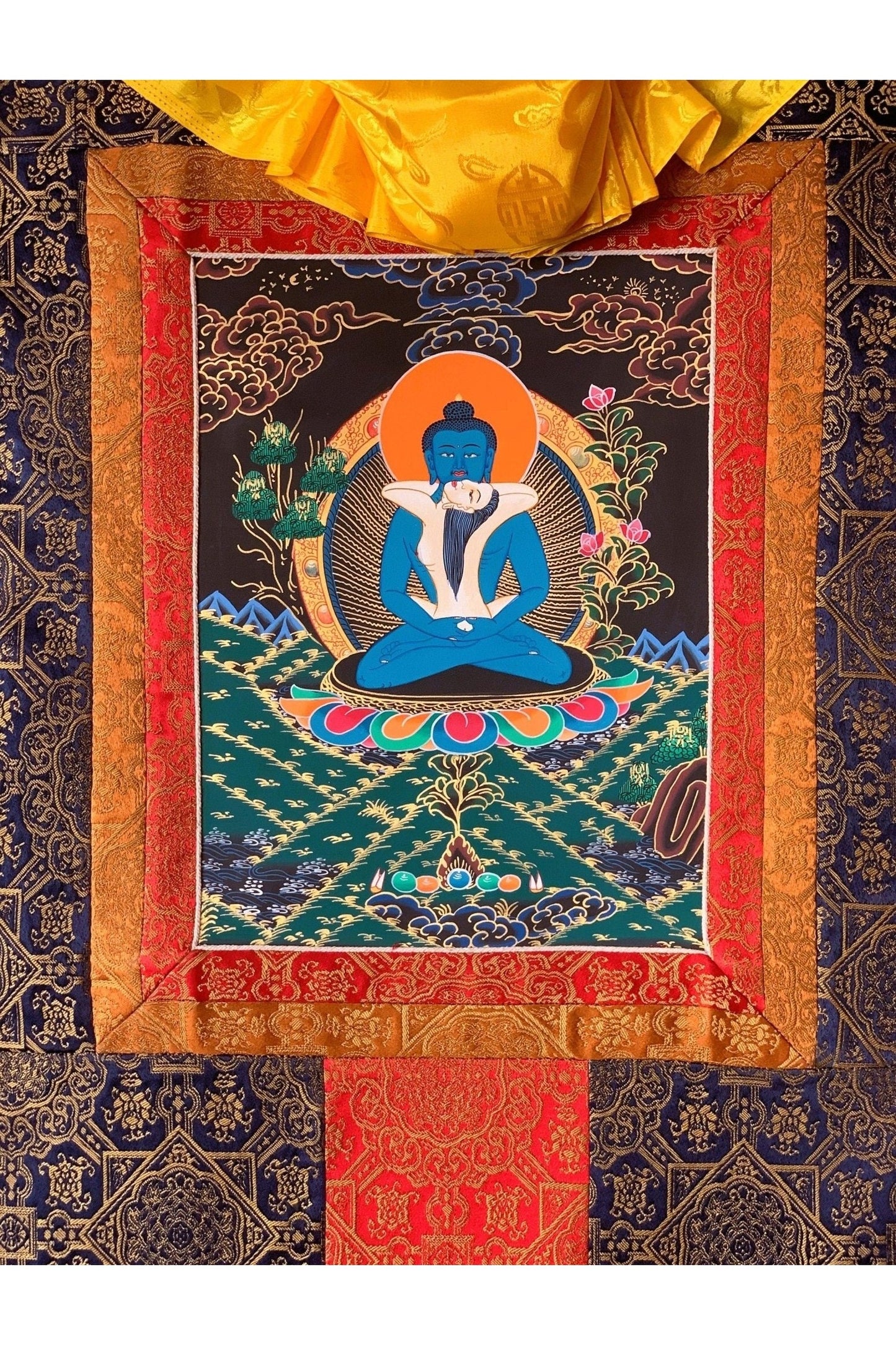 Hand Painted Buddha Shakti Samantabhadra Tibetan Thangka Painting Original Art with Premium Silk Brocade - Tibetan Thangka Art