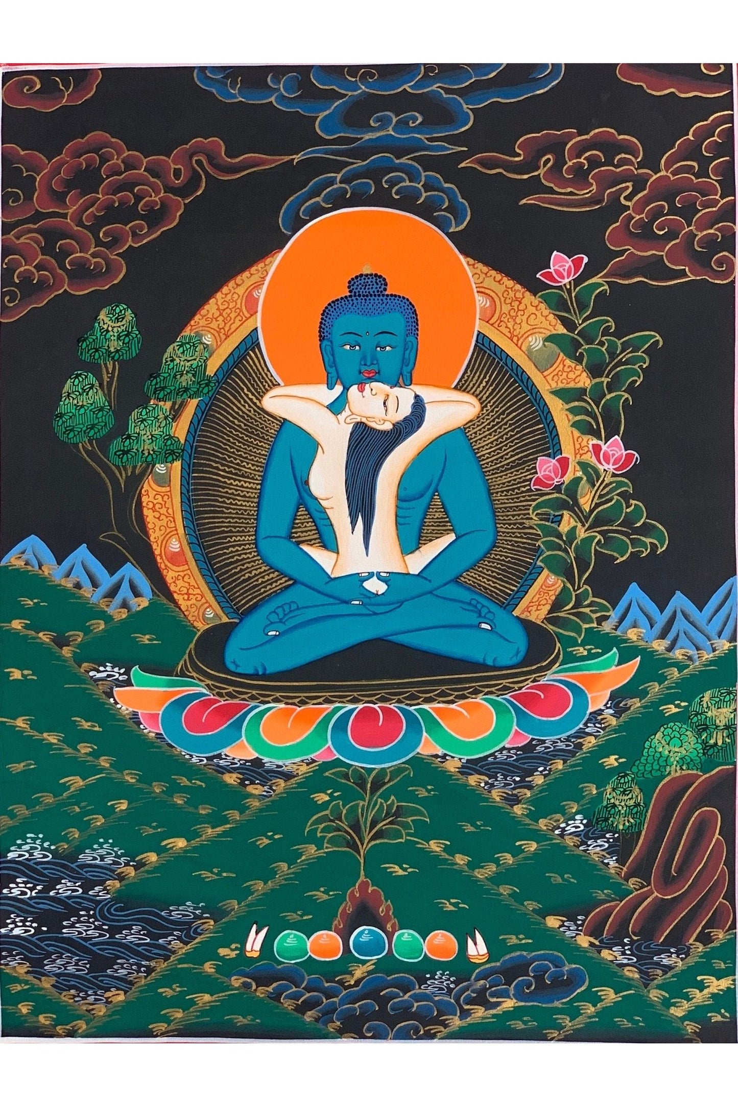 Hand Painted Buddha Shakti Samantabhadra Tibetan Thangka Painting Original Art with Premium Silk Brocade - Tibetan Thangka Art