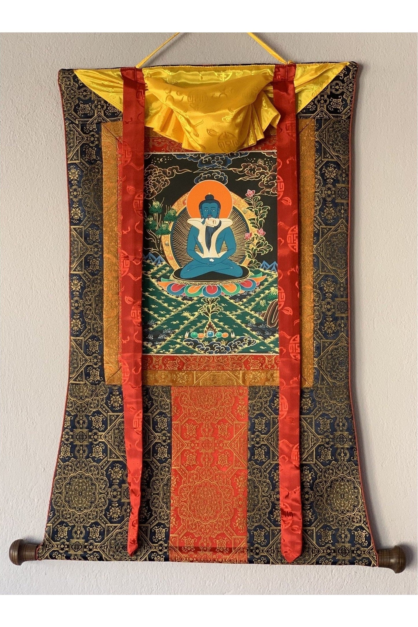 Hand Painted Buddha Shakti Samantabhadra Tibetan Thangka Painting Original Art with Premium Silk Brocade - Tibetan Thangka Art