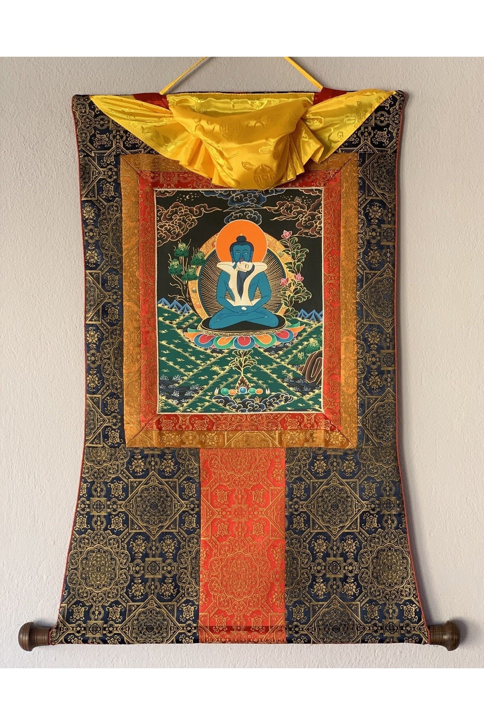 Hand Painted Buddha Shakti Samantabhadra Tibetan Thangka Painting Original Art with Premium Silk Brocade - Tibetan Thangka Art