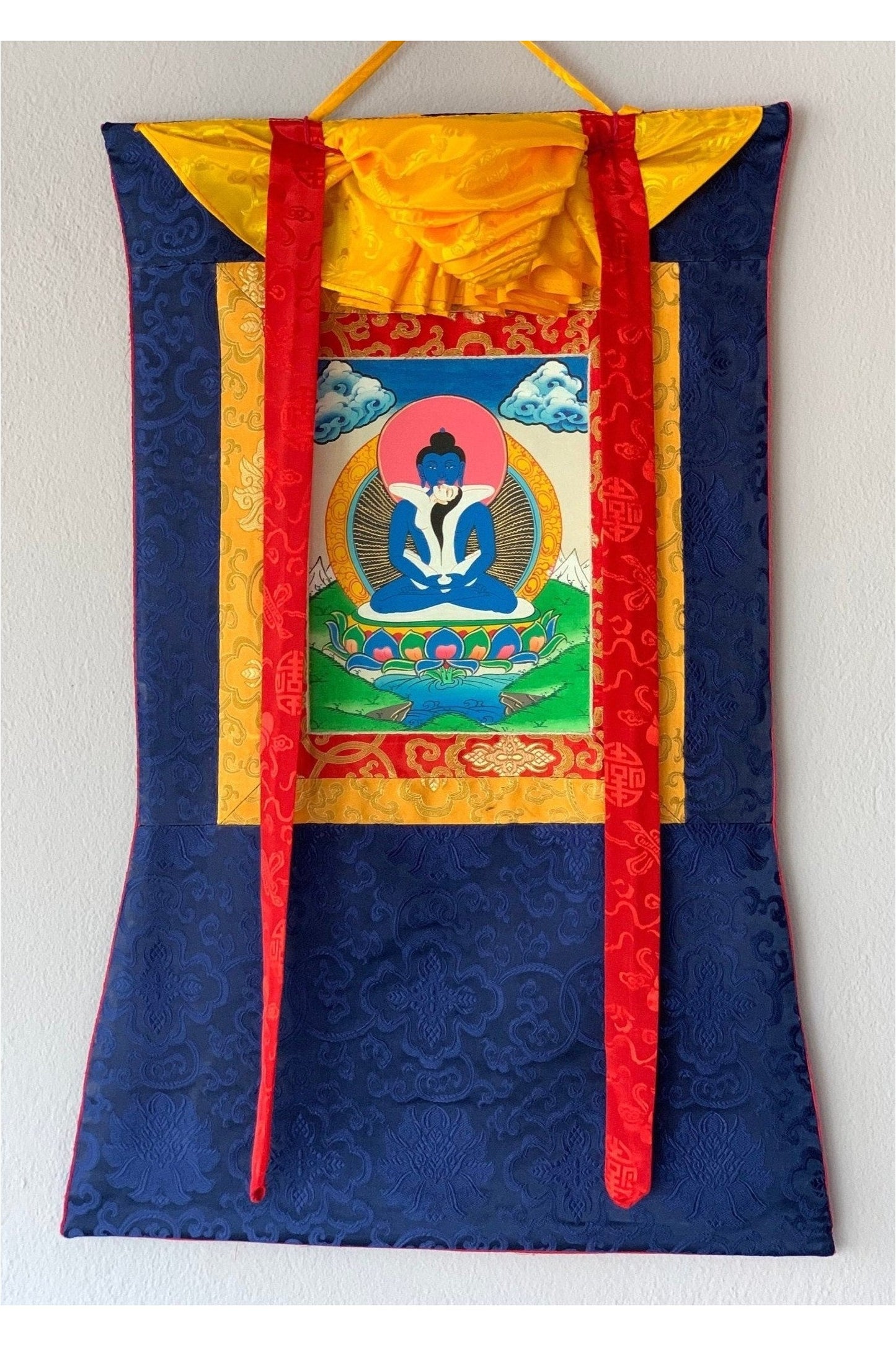 Hand Painted Buddha Shakti, Samantabhadra, Tibetan Thangka Painting, Original Art with Silk Brocade - Tibetan Thangka Art