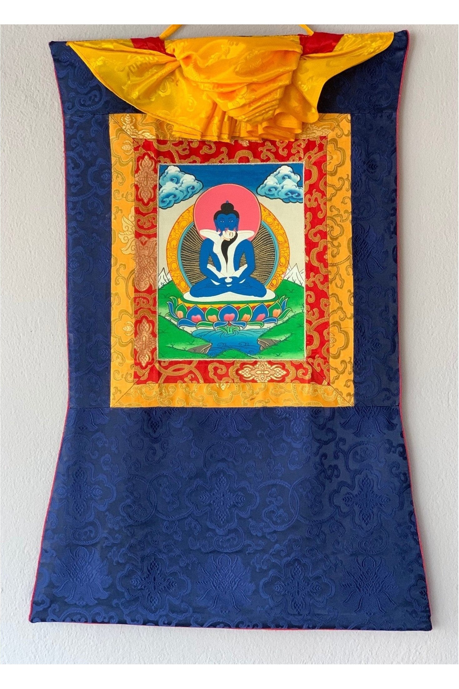 Hand Painted Buddha Shakti, Samantabhadra, Tibetan Thangka Painting, Original Art with Silk Brocade - Tibetan Thangka Art